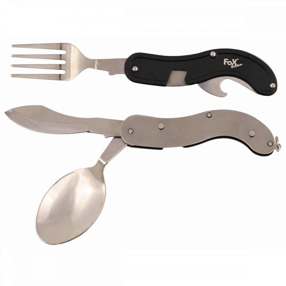 FoxOutdoor Besteck-Set Taschenmesserbesteck, 4 in 1, schwarz, teilbar (2-tlg), Edelstahl, Sicherungsring am Griffende