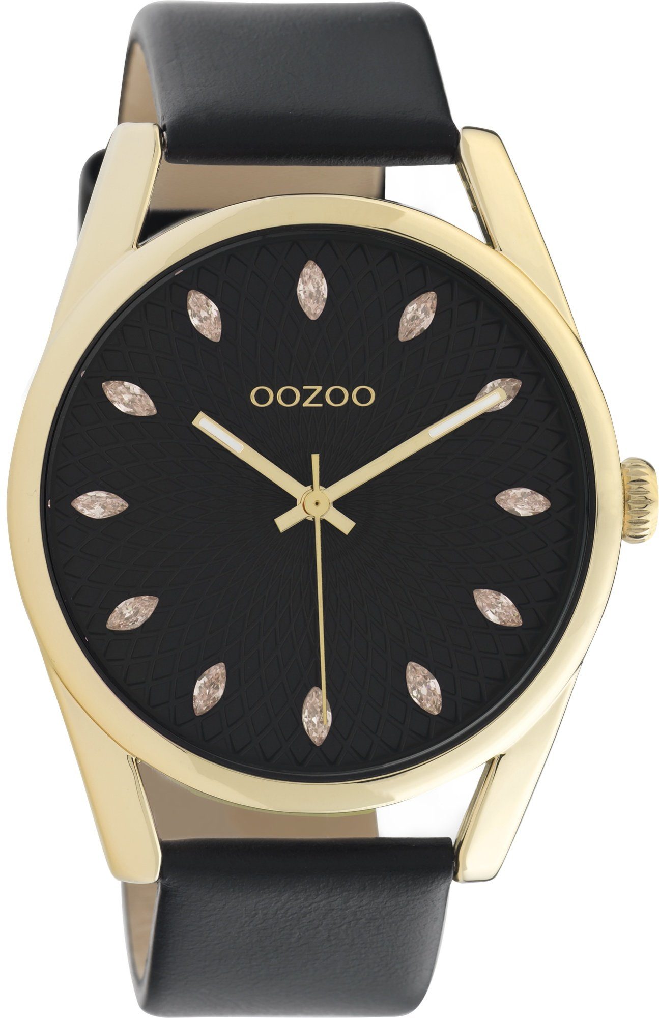 OOZOO Quarzuhr Oozoo Damen Armbanduhr OOZOO Timepieces, Damenuhr rund, groß  (ca. 45mm), Lederarmband schwarz, Fashion, Gehäuse-Durchmesser 42 mm (ohne  Krone), Gehäuse-Höhe ca. 8,6 mm | Quarzuhren