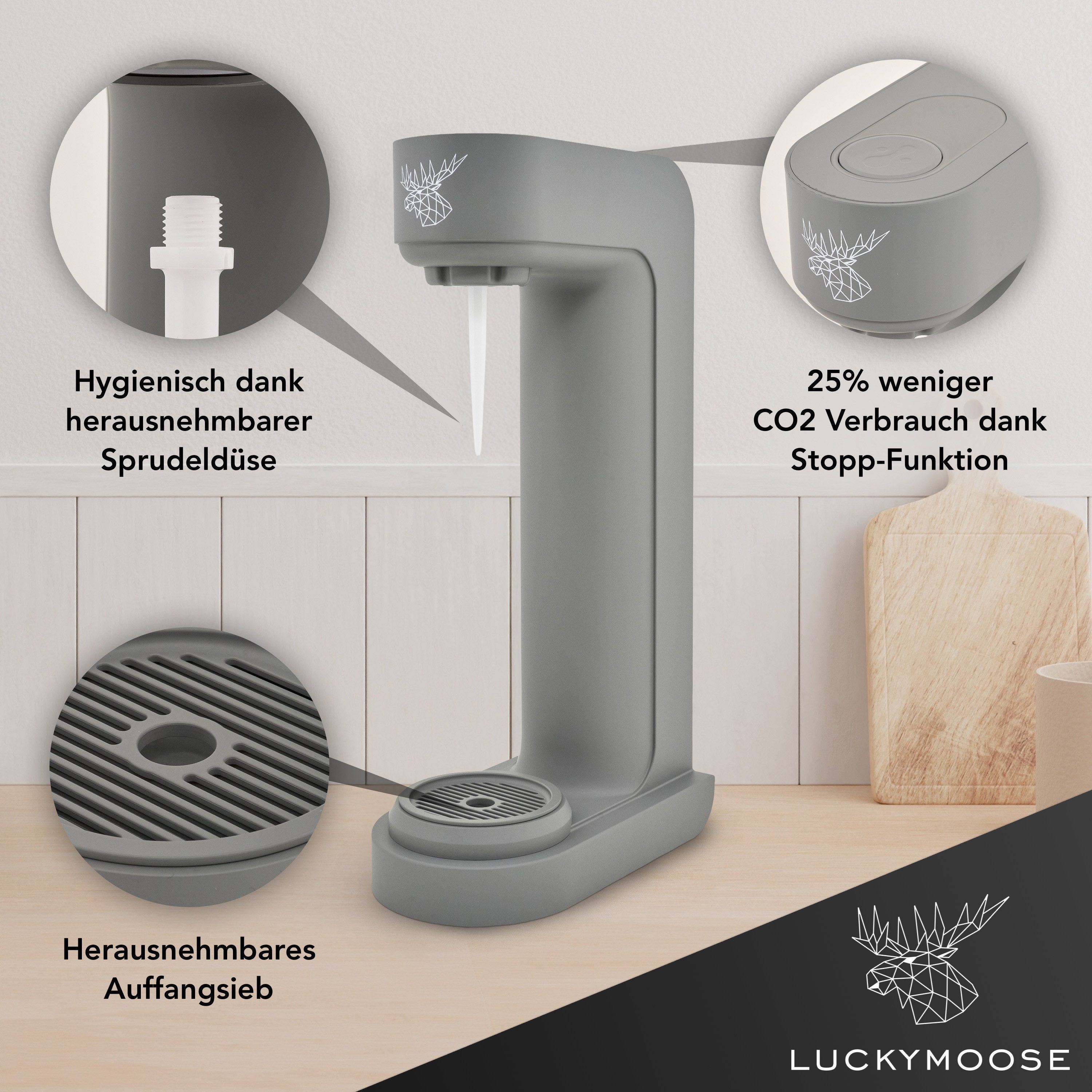 Luckymoose Wassersprudler Infinity mit 2x 1,25L spülmaschinenfesten Edelstahlflaschen, (2x Sand-tlg), Spart bis zu 25% CO2, Flaschen spülmaschinenfest & ohne Ablaufdatum