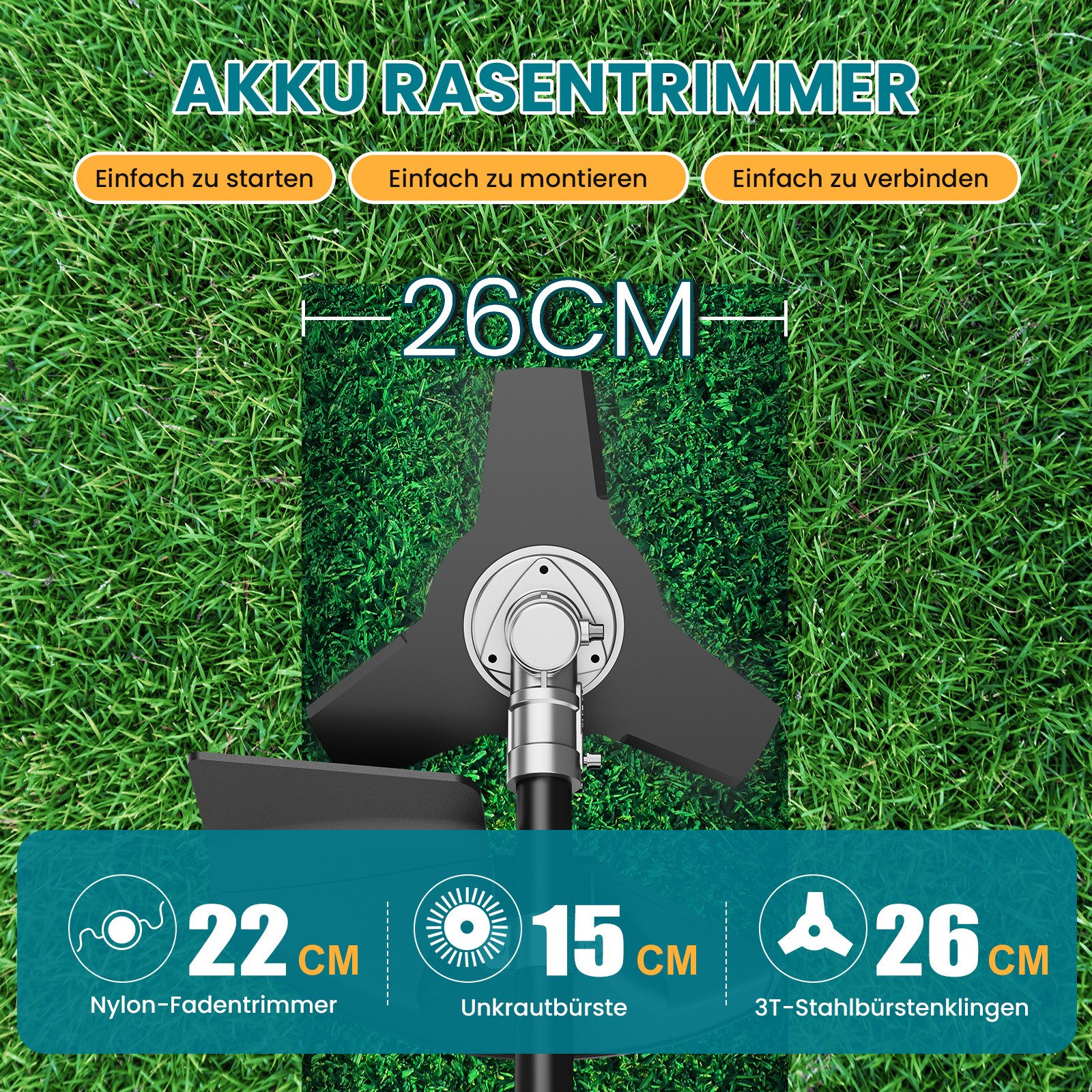 Rinoxar Akku-Rasentrimmer 12000RPM Akku Rasentrimmer, Akku Freischneider Mit 2x5200mAh Batterien, 26cm cm Arbeitsbreite Messer, 22cm cm Arbeitsbreite Faden, Sicherheitsschutz, 3 Arten Klingen für Garten, Hof