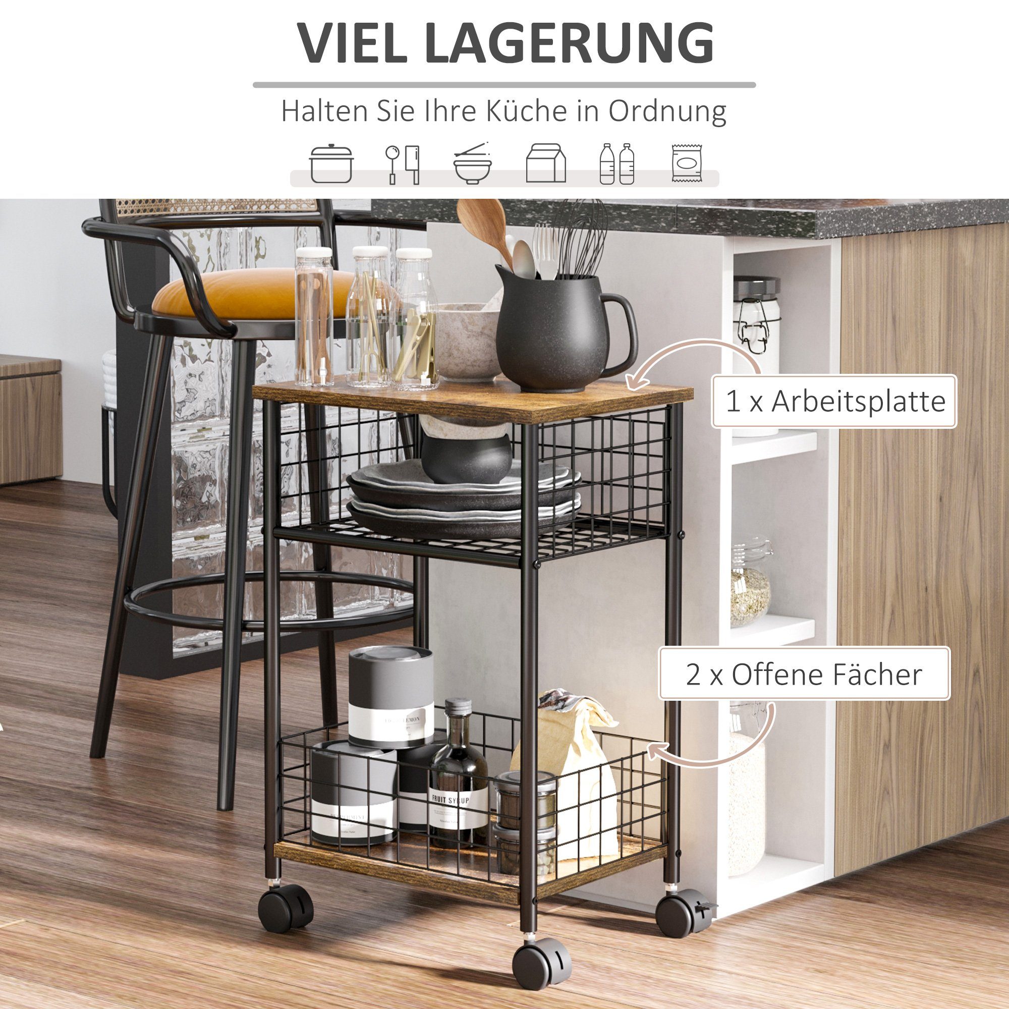HOMCOM Servierwagen Küchenwagen Rollwagen mit 3 Ebenen und 2 Aufbewahrungskörben, (Küchenrollwagen, 1 St., Küchentrolley), Rustikal-Braun 40 x 30 x 62 cm – Bild 4 von 5
