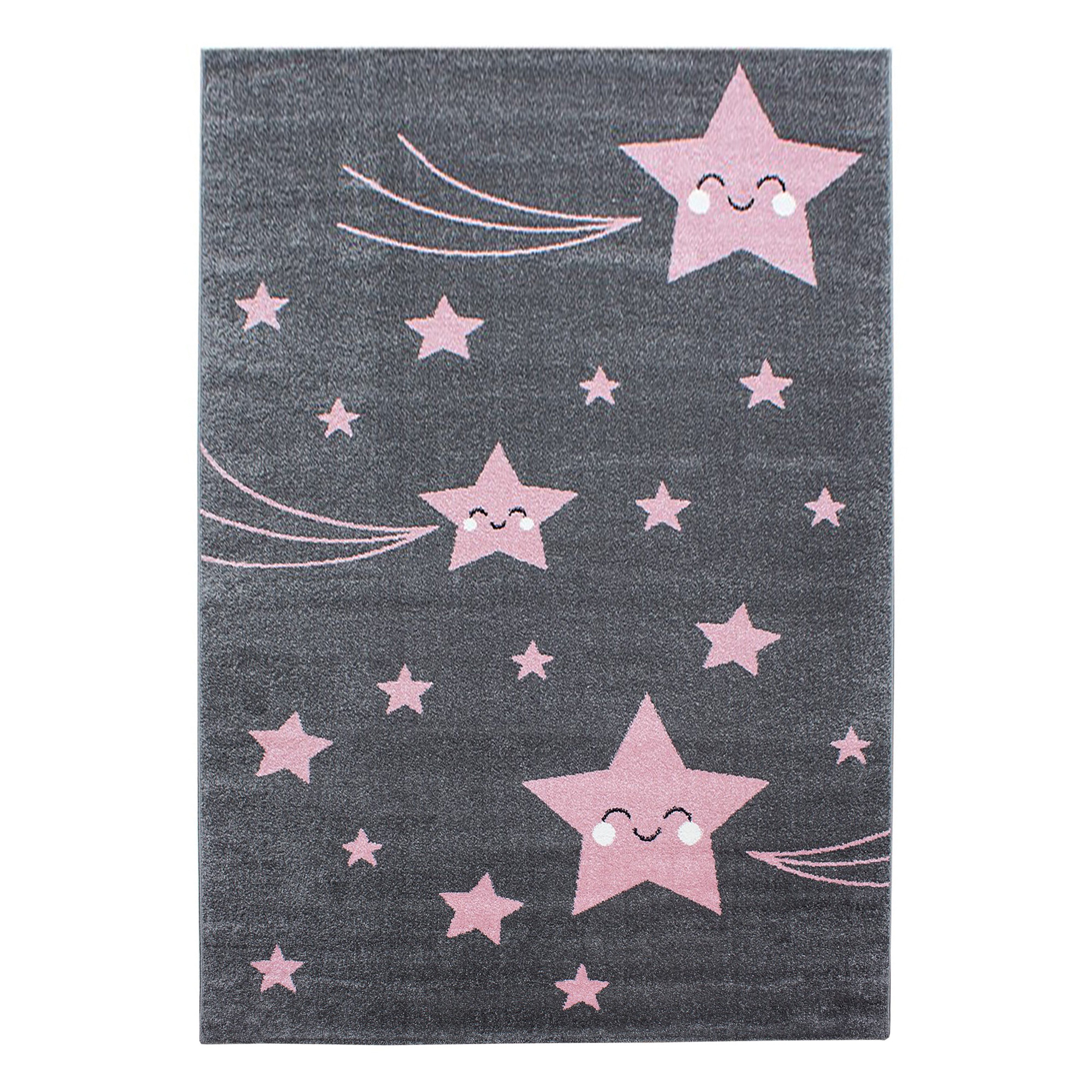 KADIMA DESIGN Kinderteppich TASNA Spielteppich Kinderzimmer Bunt Waschbar Strapazierfähig, Läufer, Höhe: 13 mm, Pink, 80x150 cm, Kurzflorteppich Sterne Waschbar