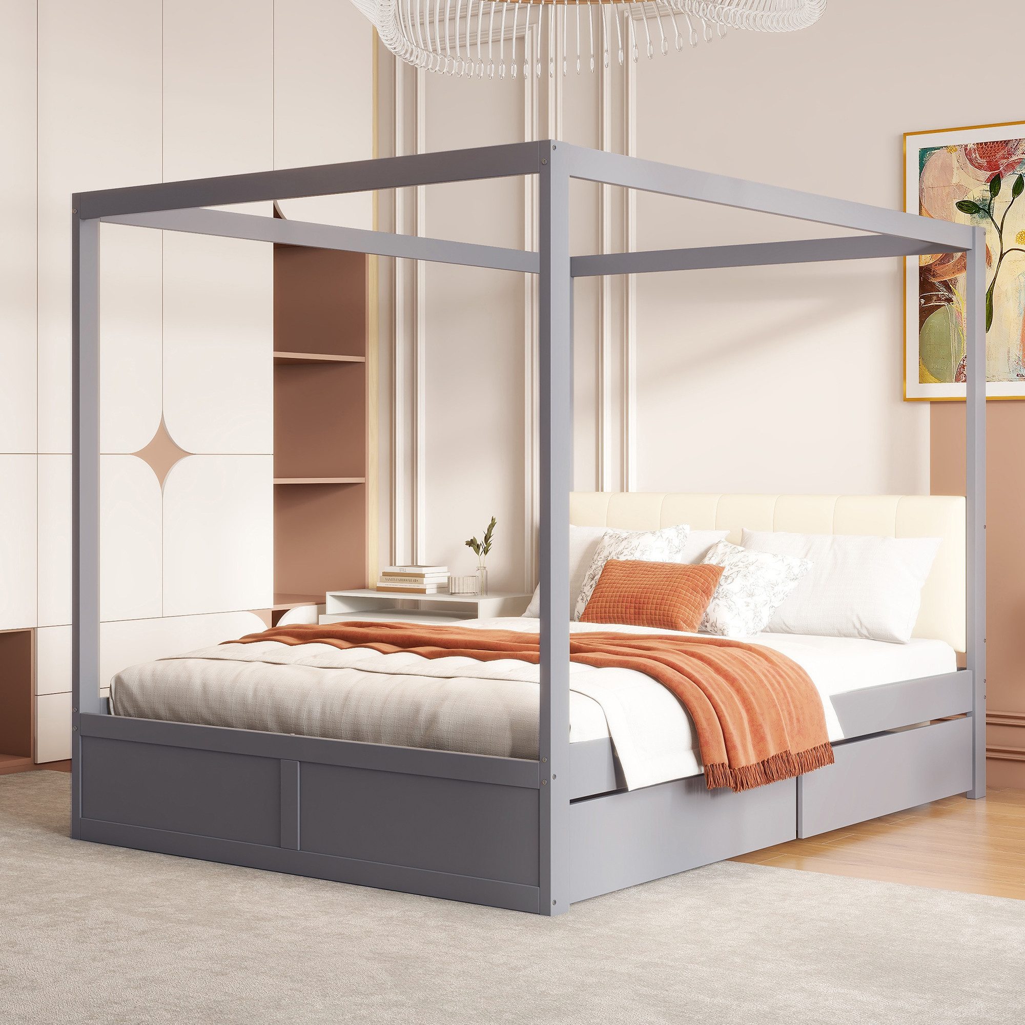 MODFU Bett Hausbett mit Zeltstruktur (Stauraumbett mit gepolsterter Rückenlehne und großen Schubladen, 140 x 200 cm), ohne Matratze