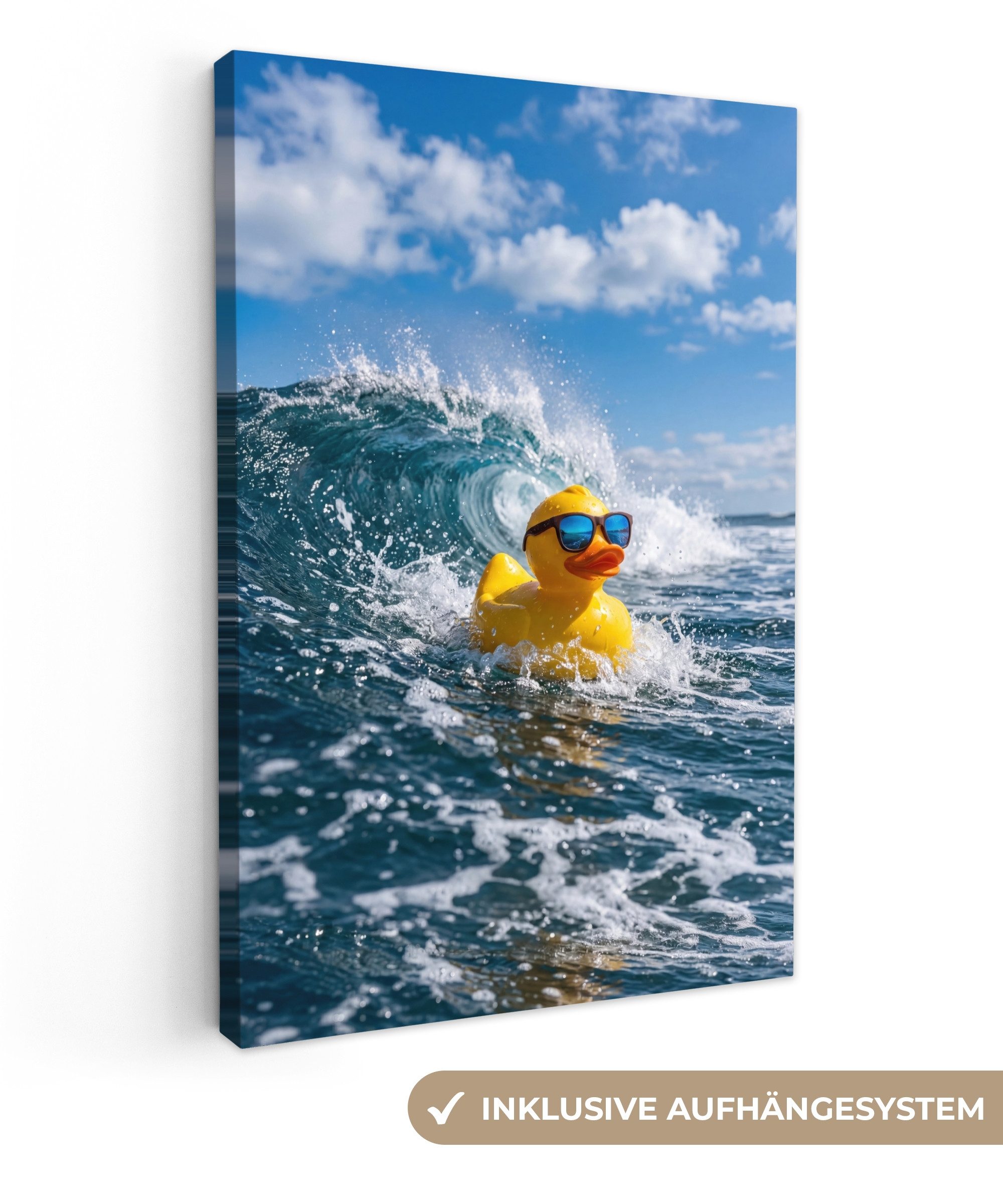 OneMillionCanvasses® Leinwandbild Gummiente - Hart im Nehmen - Wellen, Fotodruck (1 St), Leinwandbilder XXL für Wohnzimmer 90x140 cm