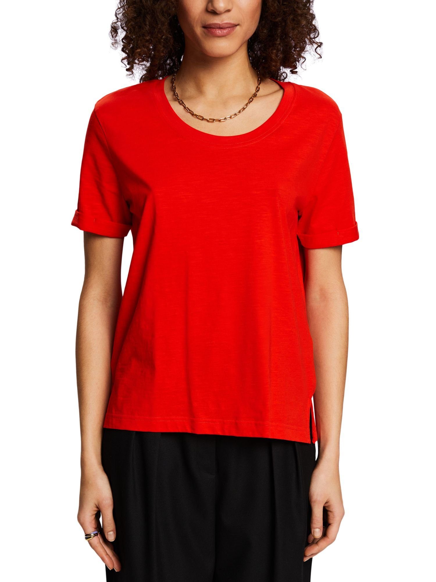 T-Shirt Slub-Struktur (1-tlg) Esprit T-Shirt RED U-Ausschnitt und mit