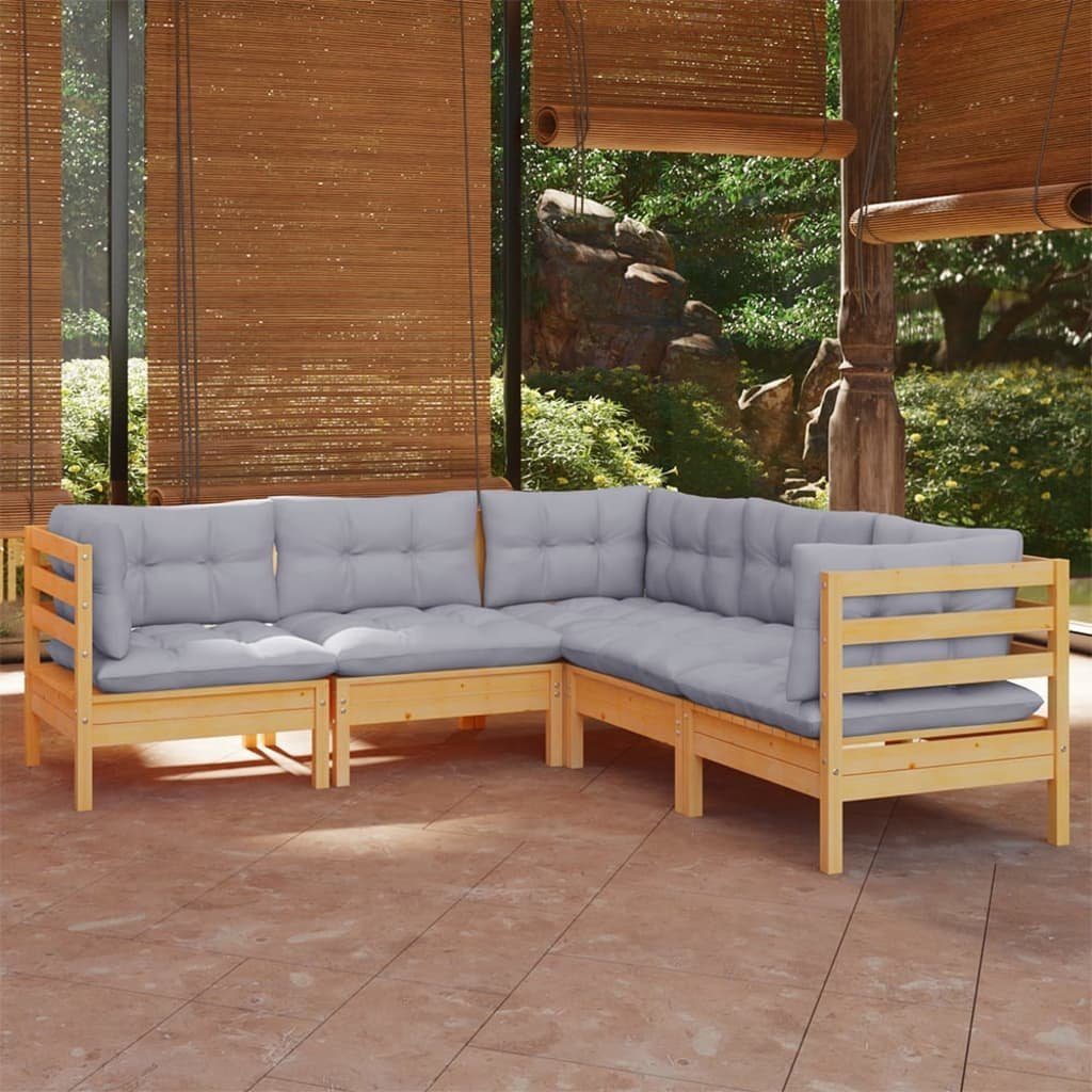 vidaXL Gartenlounge-Set 5-tlg. Garten-Lounge-Set mit Grauen Kissen Kiefer Massivholz, (1-tlg)