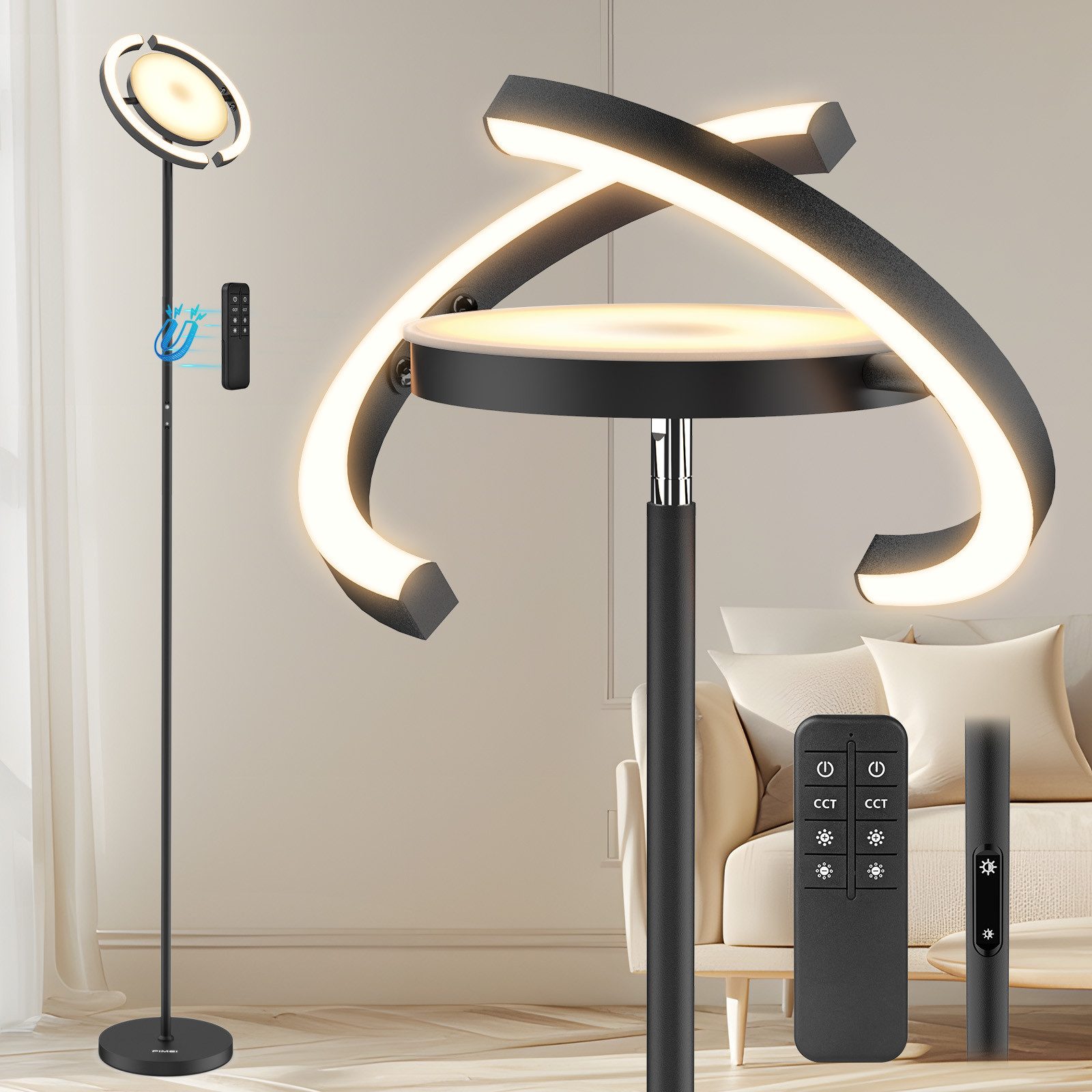 FIMEI Stehlampe Saturn-Stehlampe 36W, Stufenlos dimmbar, LED fest integriert, warmes Licht, kaltweiß, Tageslicht, Steuerung per Fernbedienung/Touchbedienung