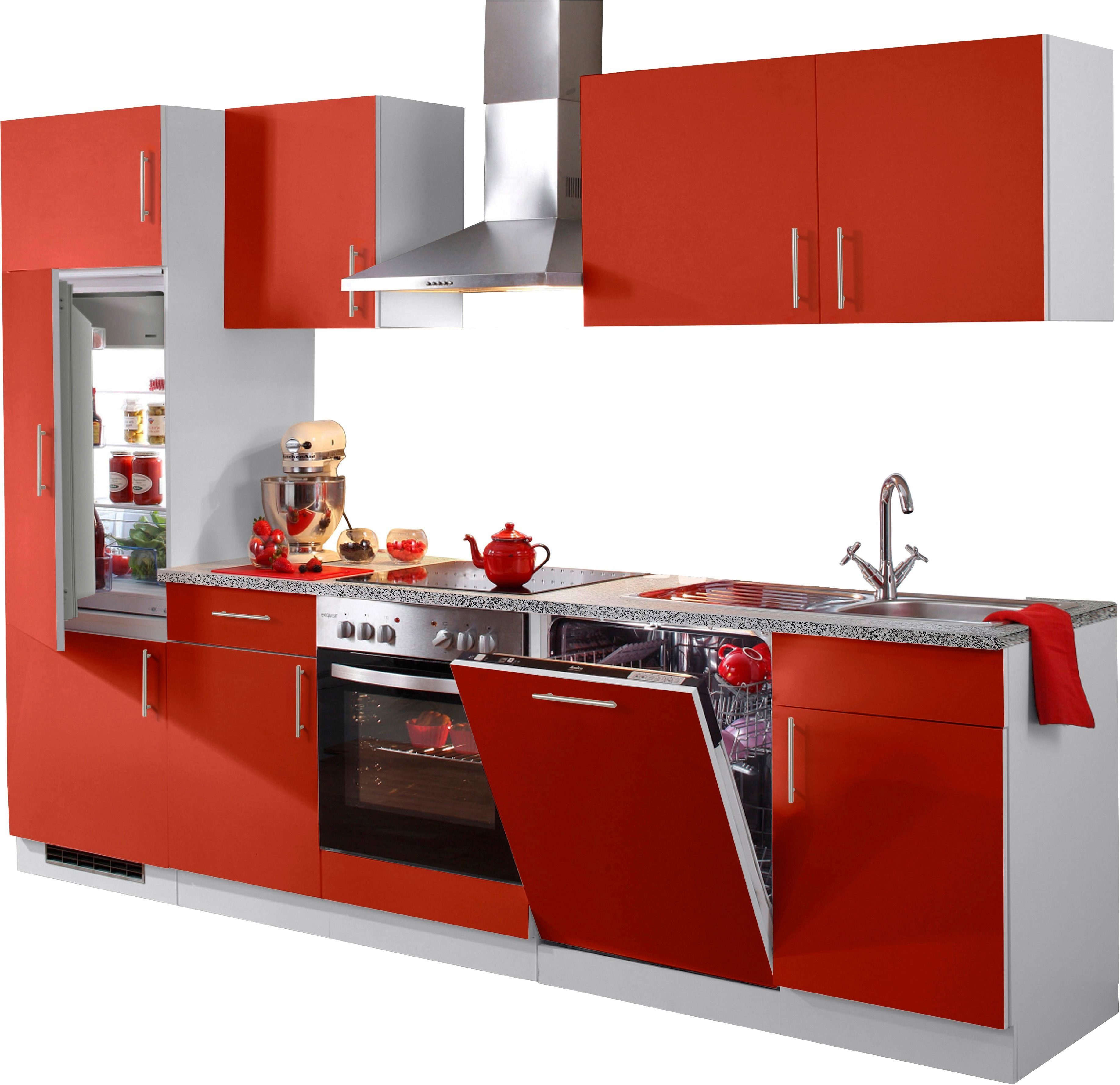 wiho Küchen Küchenzeile Kiel, mit E-Geräten, inkl. Geschirrspüler, Breite 280 cm Burgund/Steel grey | Steel grey