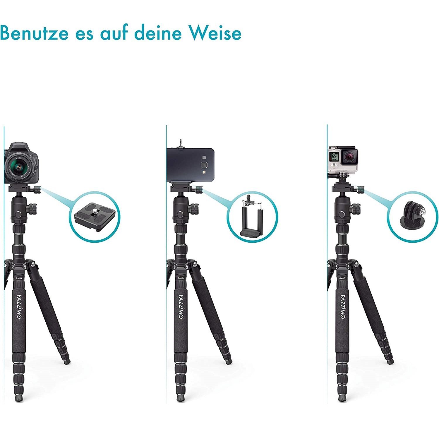 Pazzimo Dreibein-Stativ Alu Travel 146cm 3D 360° Kopf Kamerastativ (auch als Mono-Pod Foto-Stativ mit 1/4" Halterung)