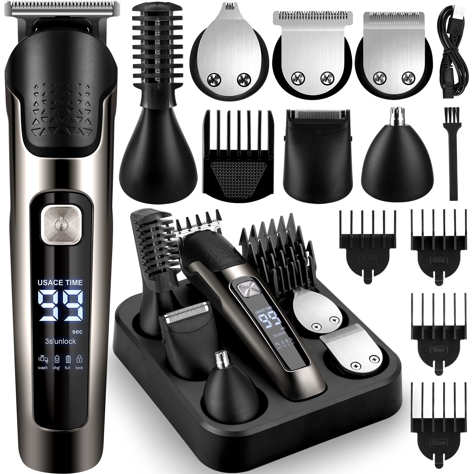 CkeyiN Pro Haar- und Триммер для бороды 6-in-1 Haarschneidemaschine für Herren,Haar und Триммер для бороды, Wird mit einer Basis und 5 Begrenzungskämmen geliefert, IPX6 wasserdicht, 1,5 Stunden Betrieb