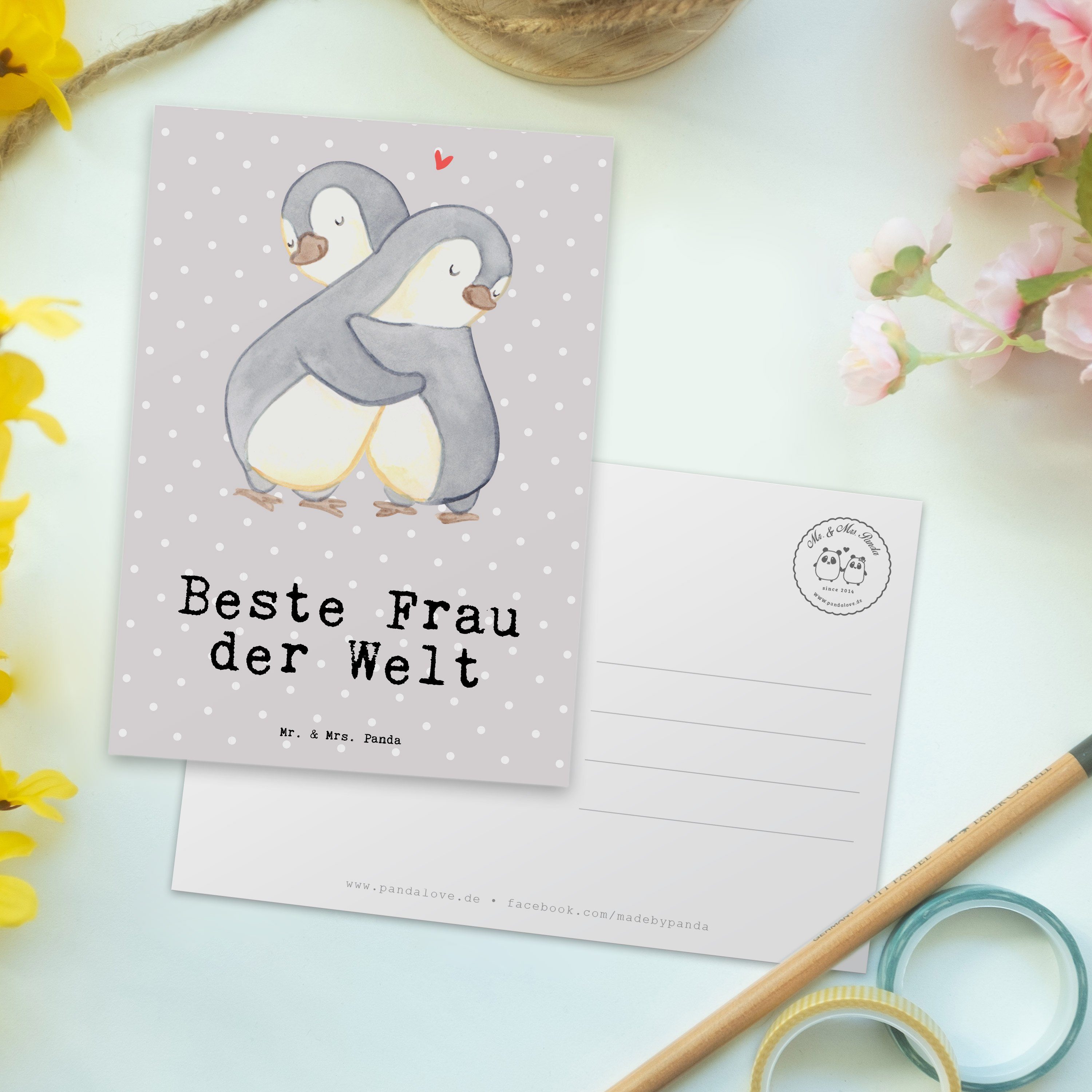 Pinguin Geschenk, der - Panda Mrs. Welt & - Grau Gesch Ehefrau, Pastell Postkarte Beste Mr. Frau