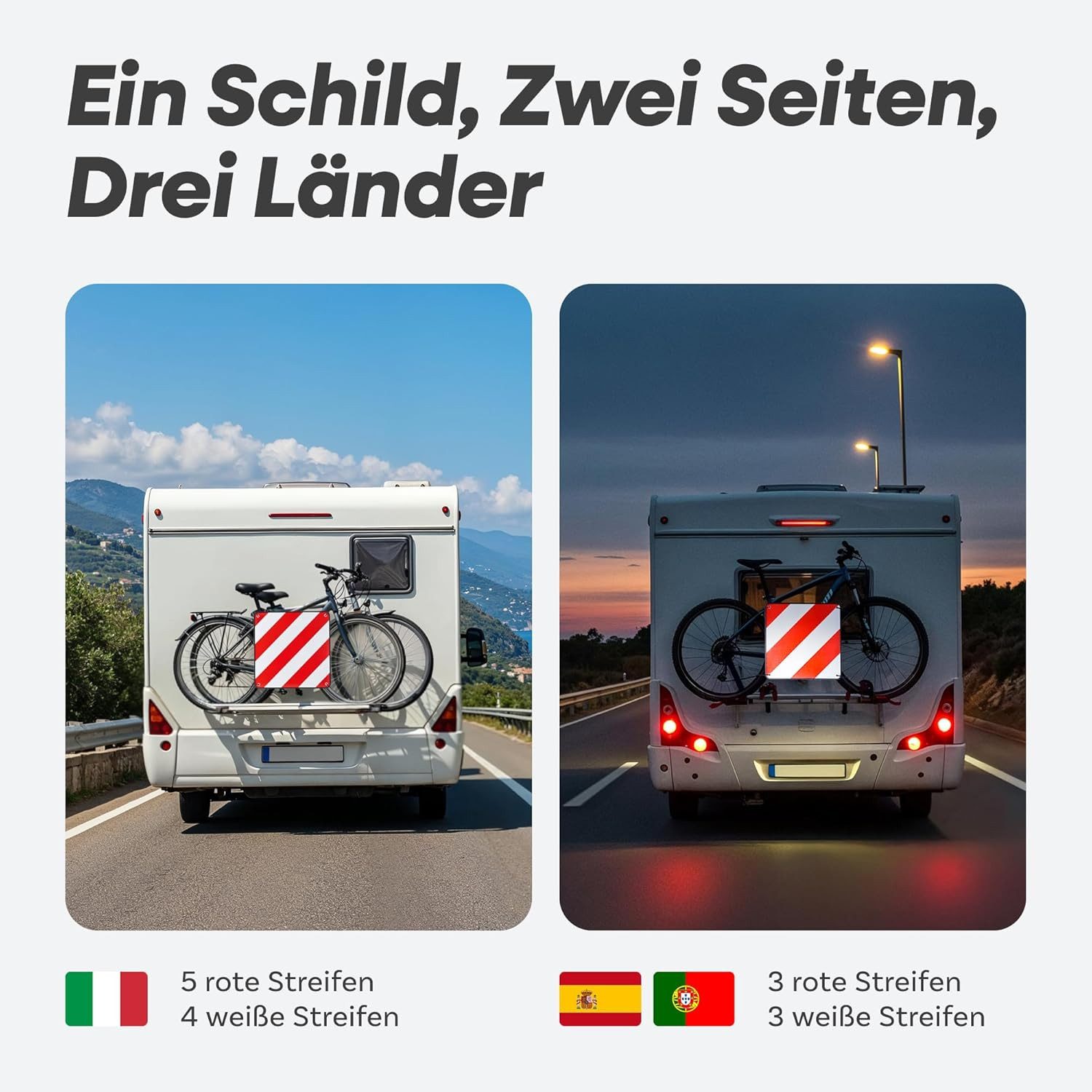 Prowiste Hinweisschild Warntafel Fahrradträger – ECE R70 – Für Italien, Spanien & Portugal, (Zubehör für Fahrradträger, Autozubehör, Sicherheitszubehör, 1 St., Warntafel + Tasche + Spanngurte), ECE R70 geprüft, Aluminium, wetterfest, für Italien/Spanien/Portugal