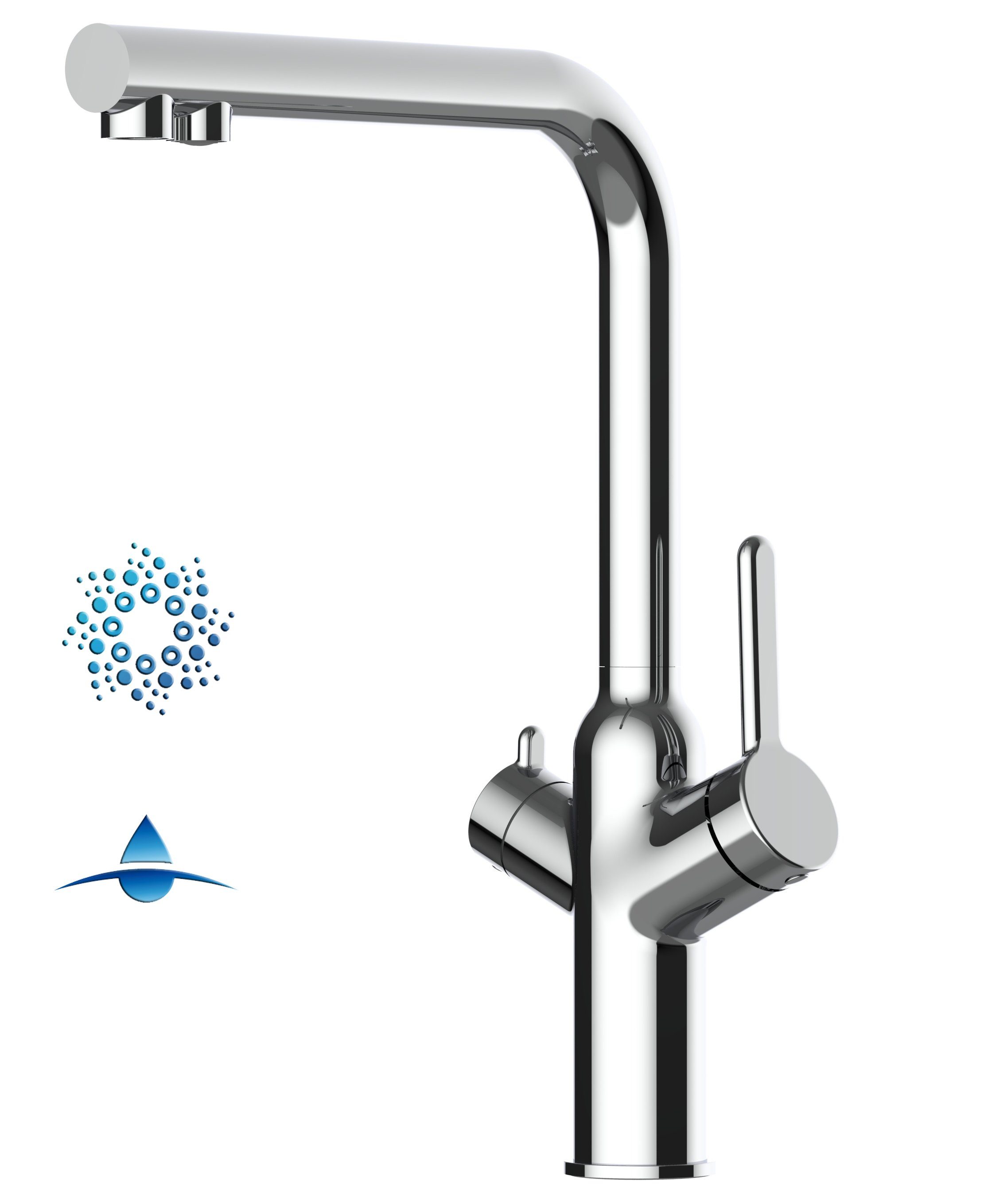 mit - Filterwasser-Zulauf für Hochdruck, schwenkbarem Auslauf Wasserfiltersysteme 4-Wege Chrom Hochwertige Umstellventil Sprudelanlagen 4 2 Küchenarmatur Wege, VIZIO Verchromung, ° Wege und 360 mit Küchenarmatur Separater