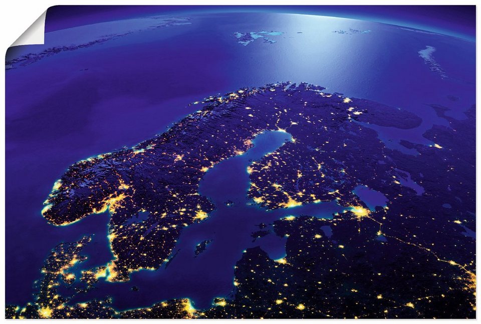 Artland Wandbild Skandinavien vom Weltraum, Weltall & Kosmos (1 St), als  Alubild, Leinwandbild, Wandaufkleber oder Poster in versch. Größen