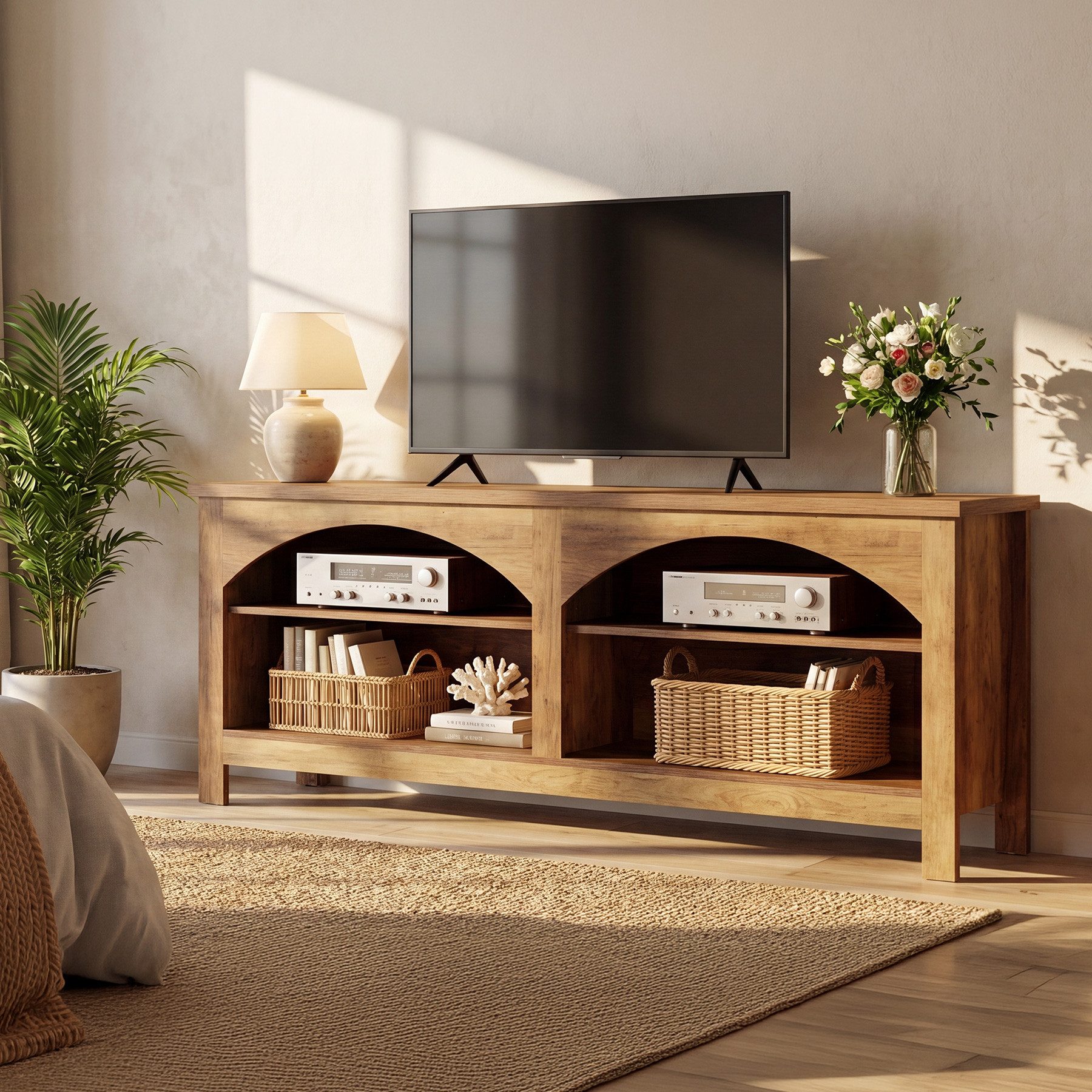 Tribesigns TV-Schrank für Fernseher bis zu 70 Zoll, Entertainment-Center im Landhausstil verstellbare Regalböden, offene Ablagefächer mit Bogen