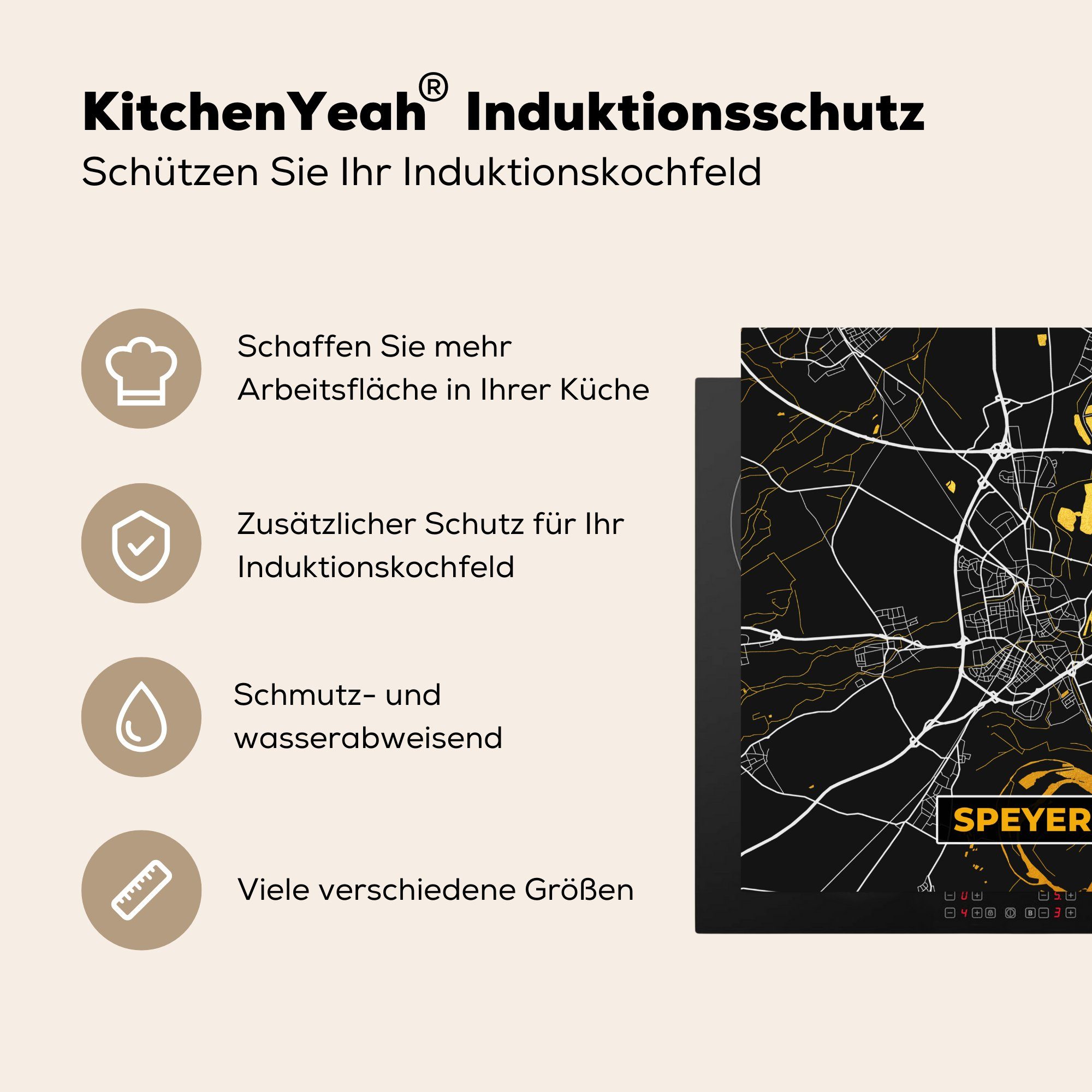 Herdblende-/Abdeckplatte Gold - Vinyl, tlg), - Karte, Schwarz MuchoWow - (1 78x78 Arbeitsplatte - Speyer Ceranfeldabdeckung, cm, küche für Stadtplan und Deutschland