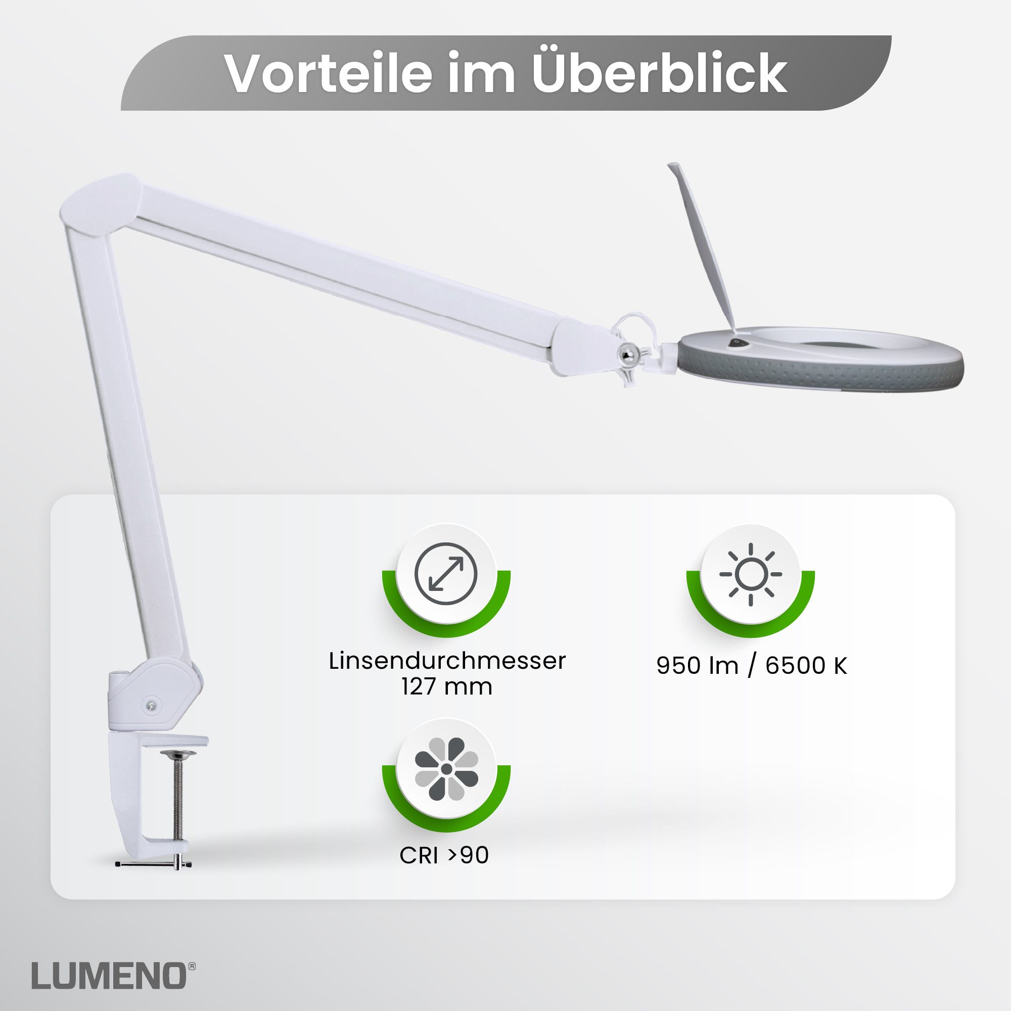 Lumeno Lupenlampe 721X LED Lupenleuchte CRI>90 mit Tischklemme und 127 mm Echtglaslinse, LED fest integriert, Kaltweiß, 6500 K, LED Leuchte