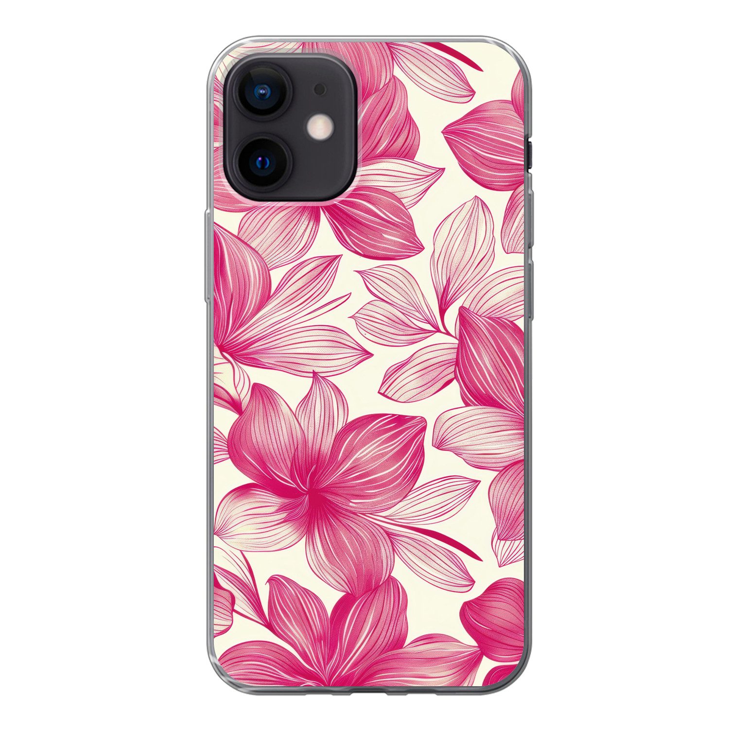MuchoWow Handyhülle für Apple iPhone 12 Blumen - Muster - Rosa - Weiß, Smartphone-Bumper, Print, Handy Schutzhülle Dünn