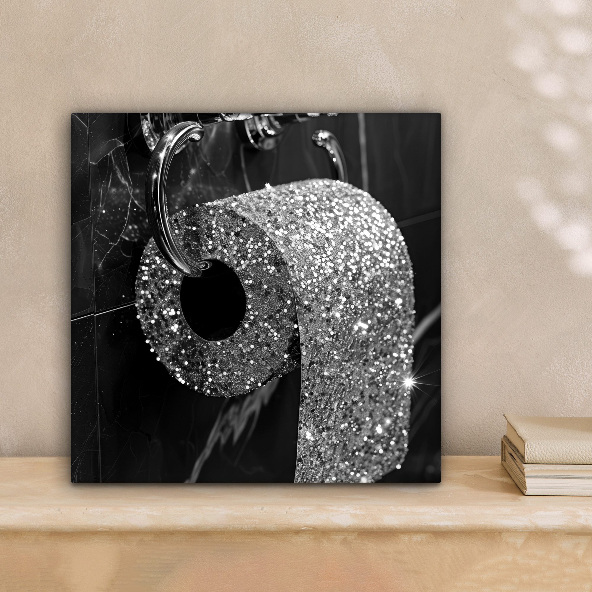 OneMillionCanvasses® Leinwandbild Toilette - Toilettenpapier - Schwarz und weiß - Glitzer, Fotodruck (1 St), Wandbild, Deko Schlafzimmer Wohnzimmer Flur 20x20 cm