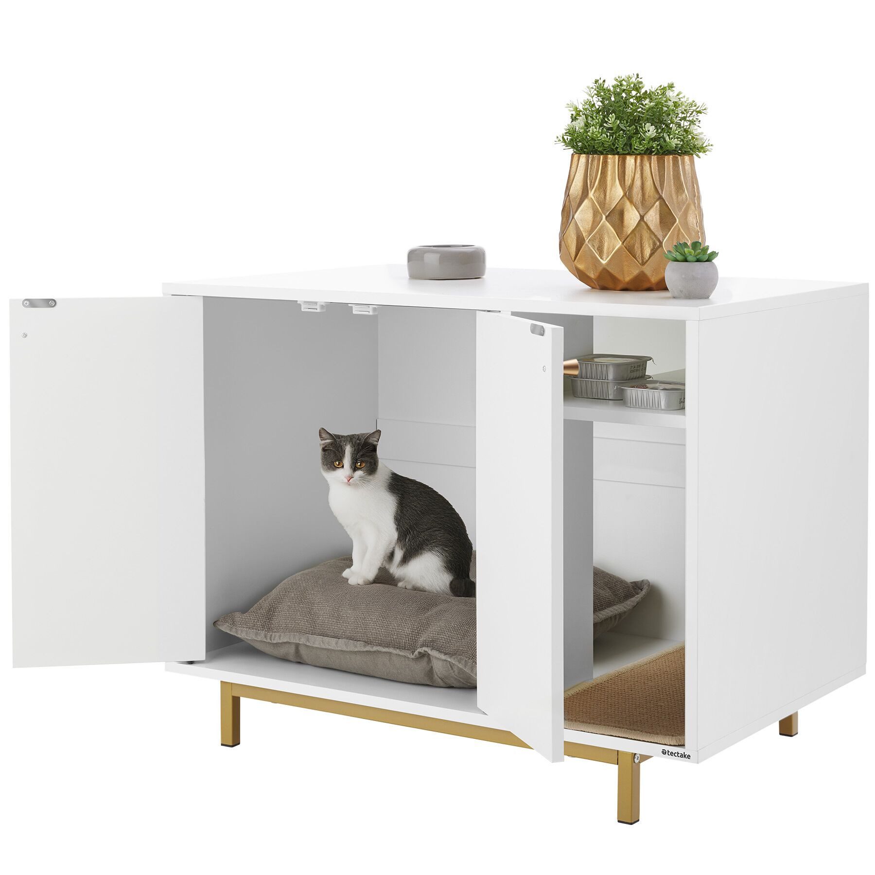 tectake Katzentoilette Katzenklo-Schrank, Kratzmatte, 80 x 52 x 61,5 cm, seitlicher Eingang, 2 große Flügeltüren mit Magnetverschluss, hohe Beine, kleines Staufach