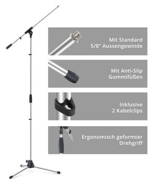Pronomic Mikrofonständer Galgen in Länge und Neigung verstellbar - Robuste Klemmen und Schrauben - 2 Kabelklemmen und Reduziergewinde - Spar-Set mit passender Tasche - Chrom, dreibeinig mit Gummifüßen