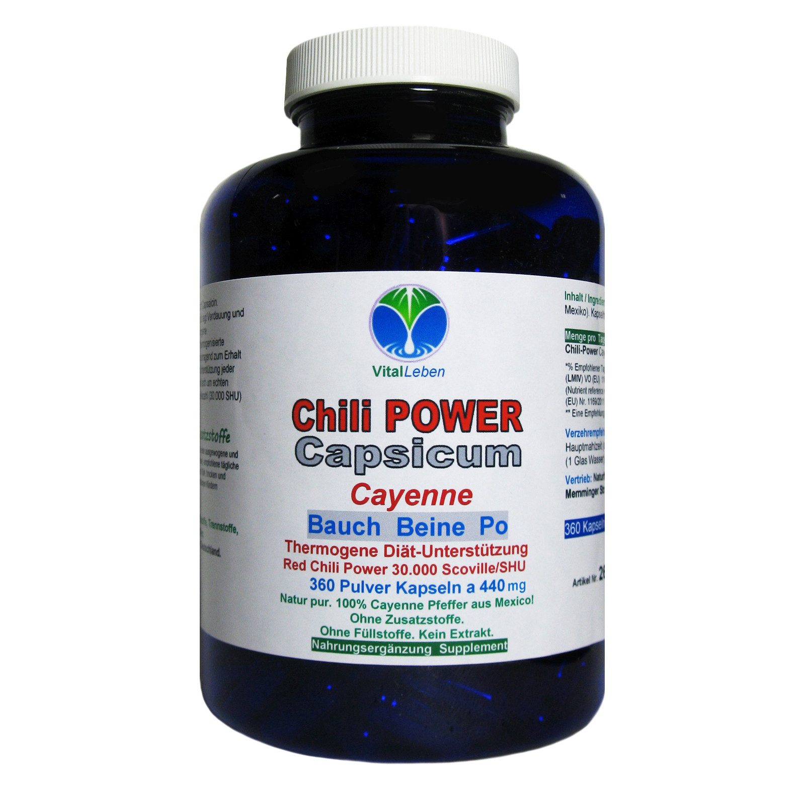 VitalLeben Red Chili Power Cayennepfeffer Capsaicin Pulver - Ohne Zusatzstoffe - Kapseln, 1 er Dose à 360 St., 158,4 g, Art. 26595-360