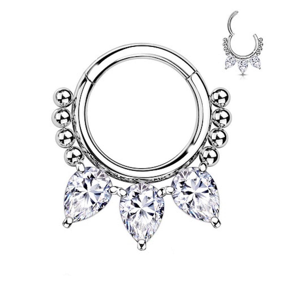Nasenpiercing Septum Piercing Ring Segmentring Clicker Scharnier 3 Kristall Tropfen