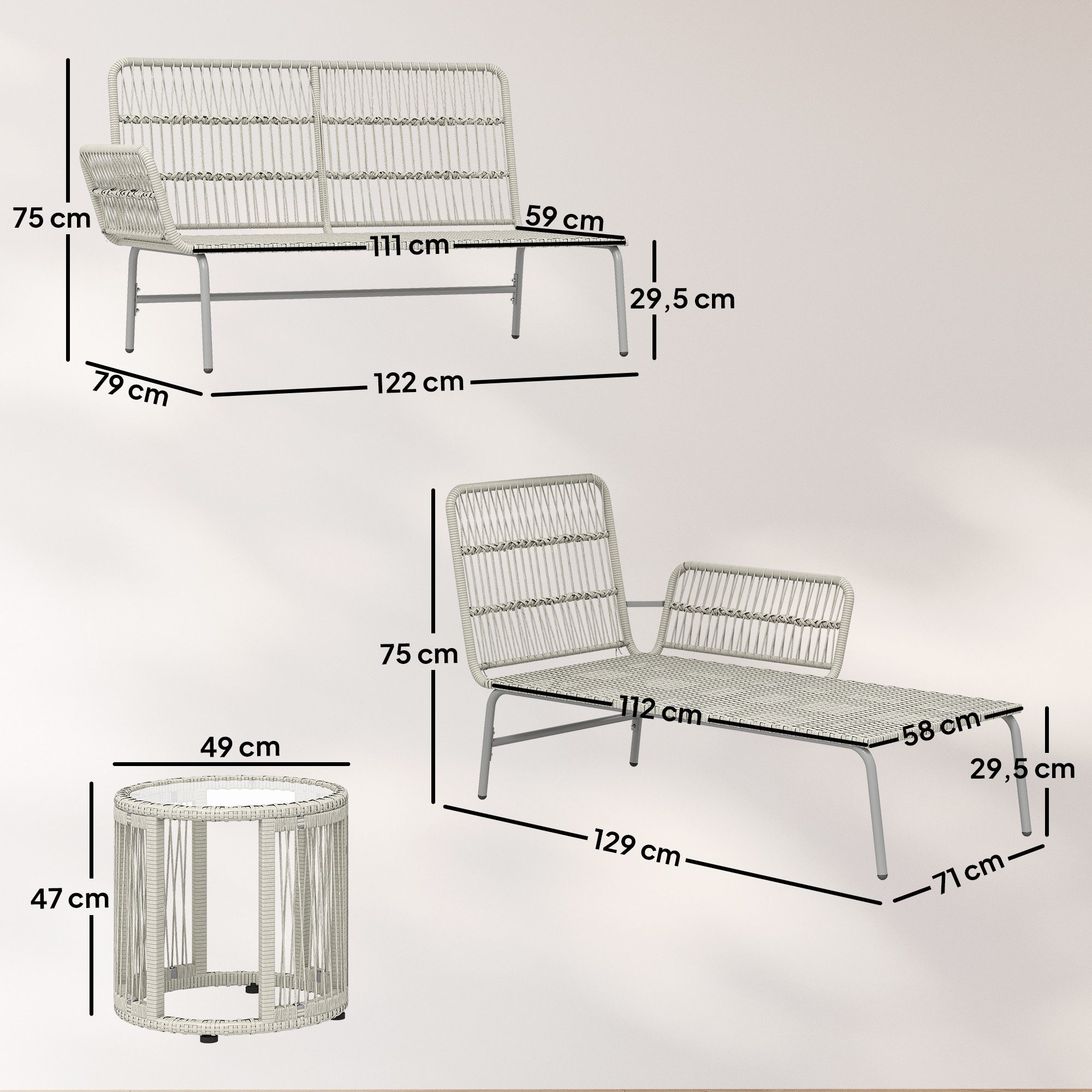 Outsunny Sitzgruppe mit Chaiselongue, Zweisitzersofa, Glastisch, abnehmbar Kissen, (Lounge Set, 3-tlg., Polyrattan Gartenmöbel Set), für Garten Terrasse Balkon Hellgrau