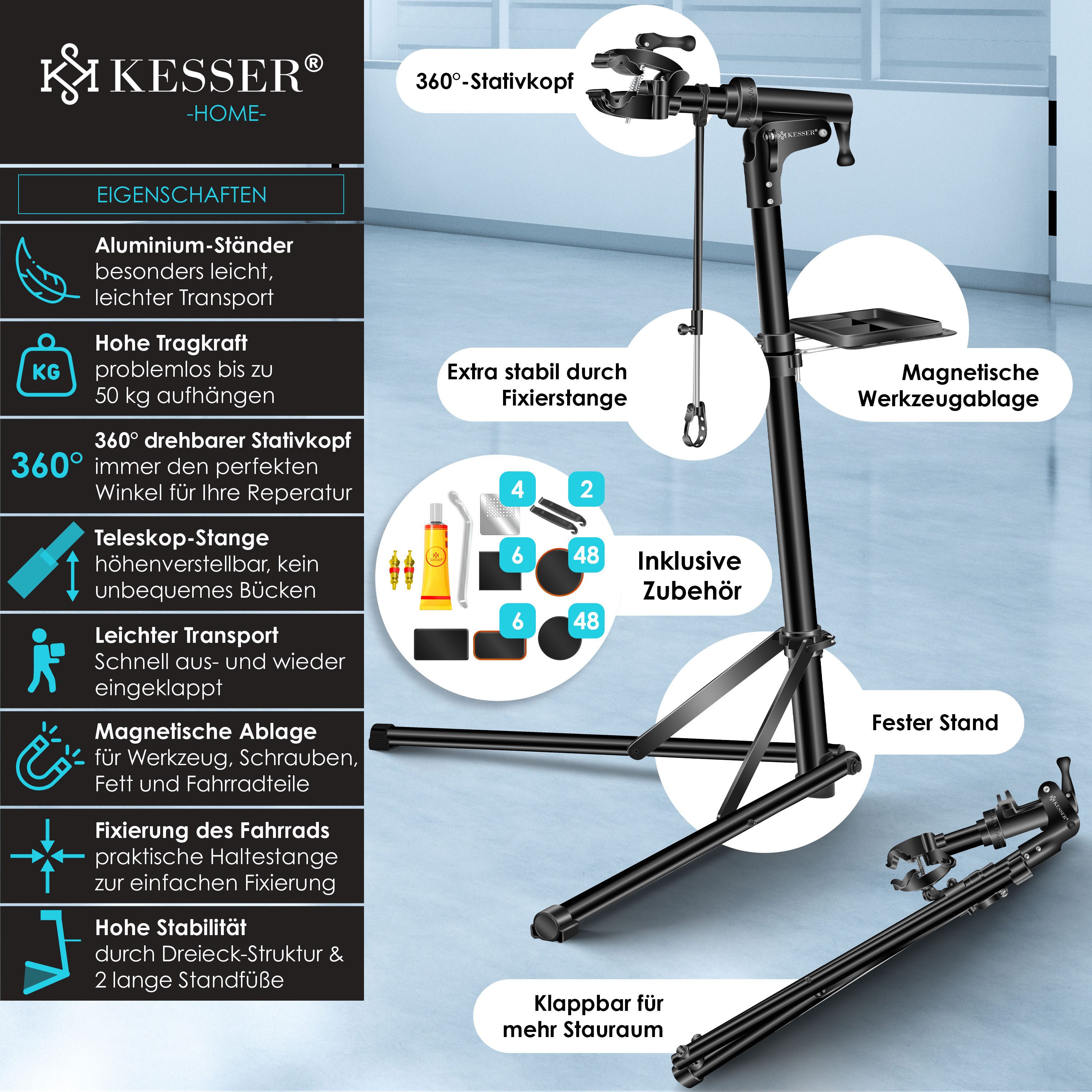 KESSER Fahrrad-Montageständer, Fahrradmontageständer Profi Reparaturständer Aluminium