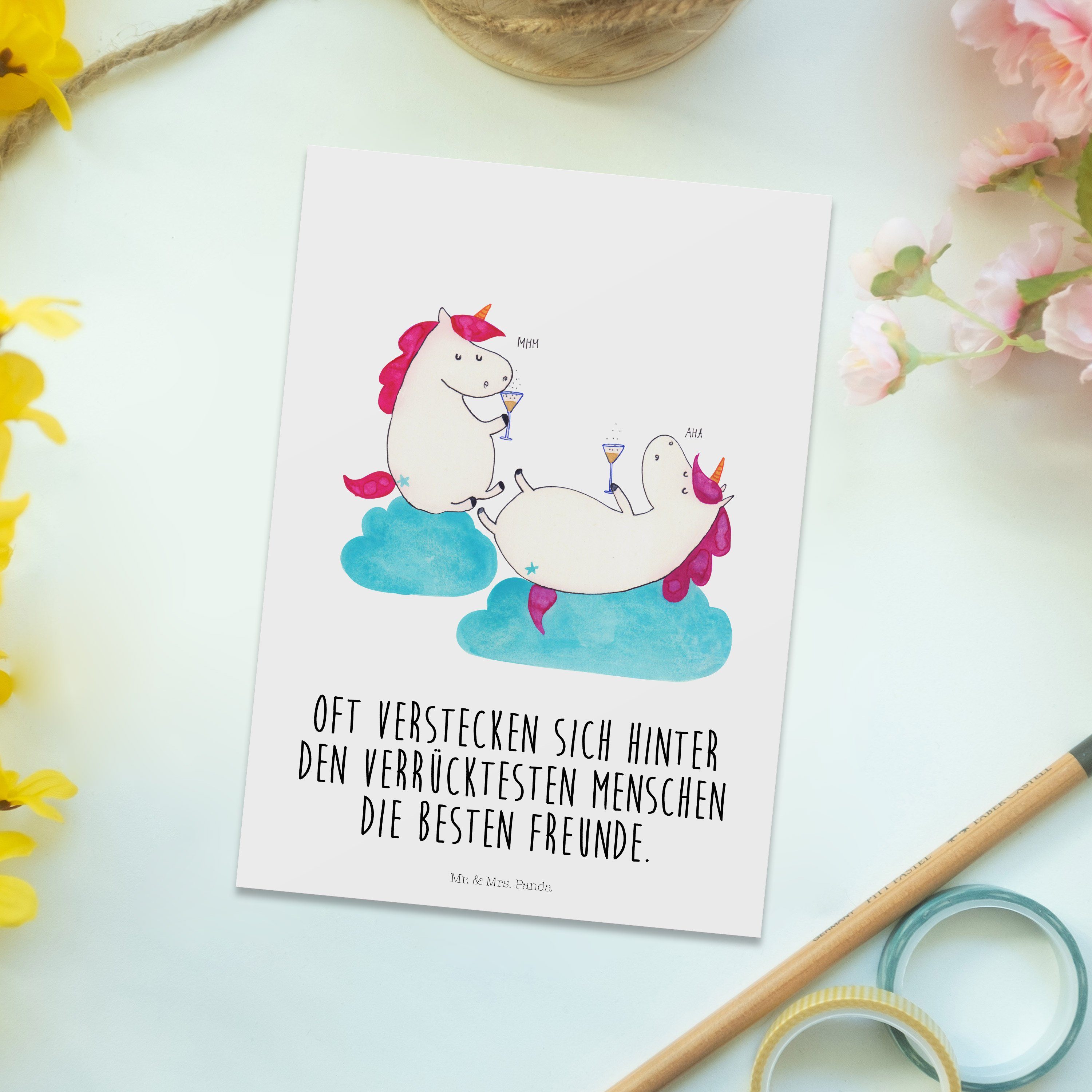 Mr. & Mrs. Panda Postkarte Weiß Anstoßen - Einladungskarte, - Sekt Einhörner Geschenk, Pegasus