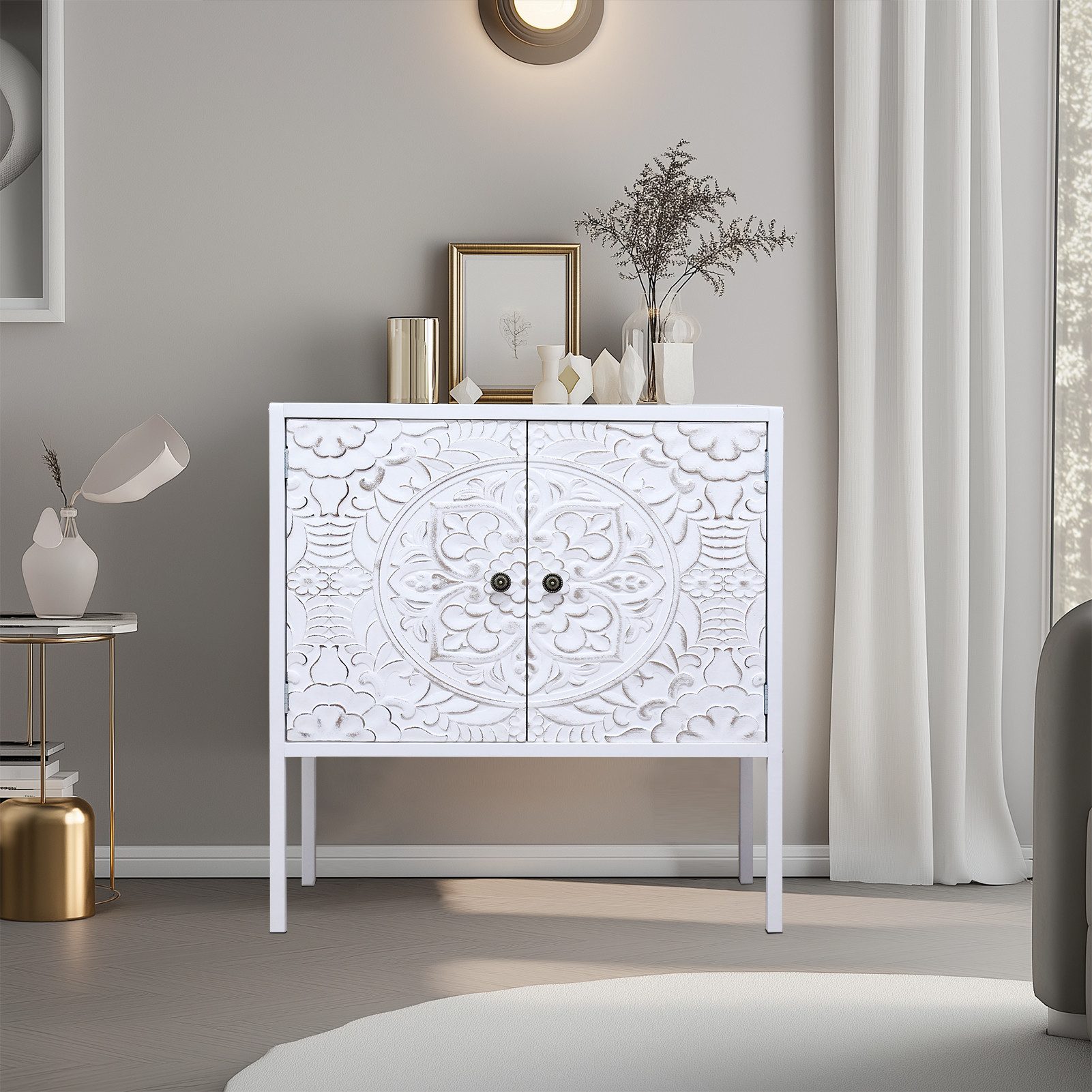 Kommode Aufbewahrungsschrank in Vintage Boho Stil, mit 2 geschnitzten Türen