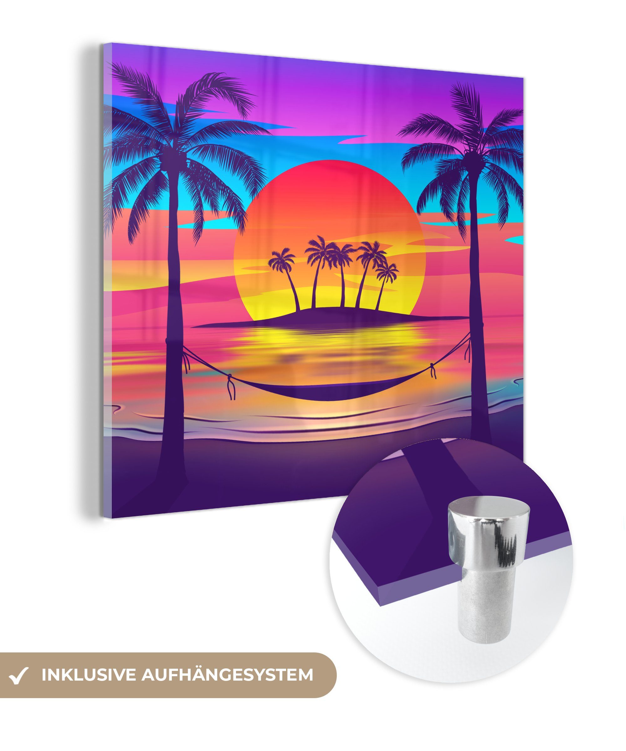 MuchoWow Acrylglasbild Illustration eines tropischen Strandes mit buntem Sonnenuntergang, (1 St), Glasbilder - Bilder auf Glas Wandbild - Foto auf Glas - Wanddekoration