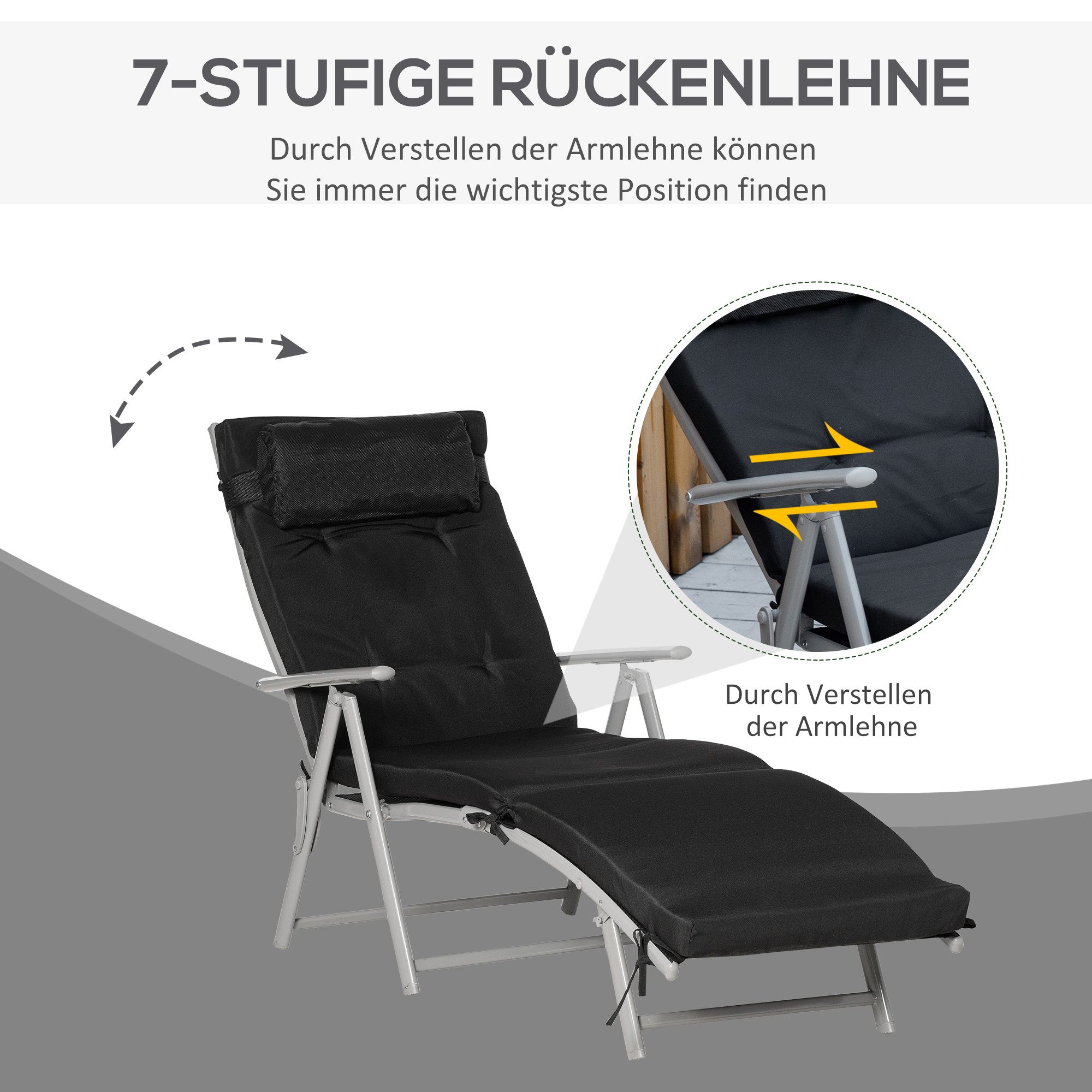 OKWISH Gartenliege Faltbare Strandliege 137x63,5x100,5cm in Schwarz, Packung, 1 St., 7-stufig verstellbar, wetterbeständig mit Kissen, Texteline & Polyester, Metallrahmen für Garten & Strand
