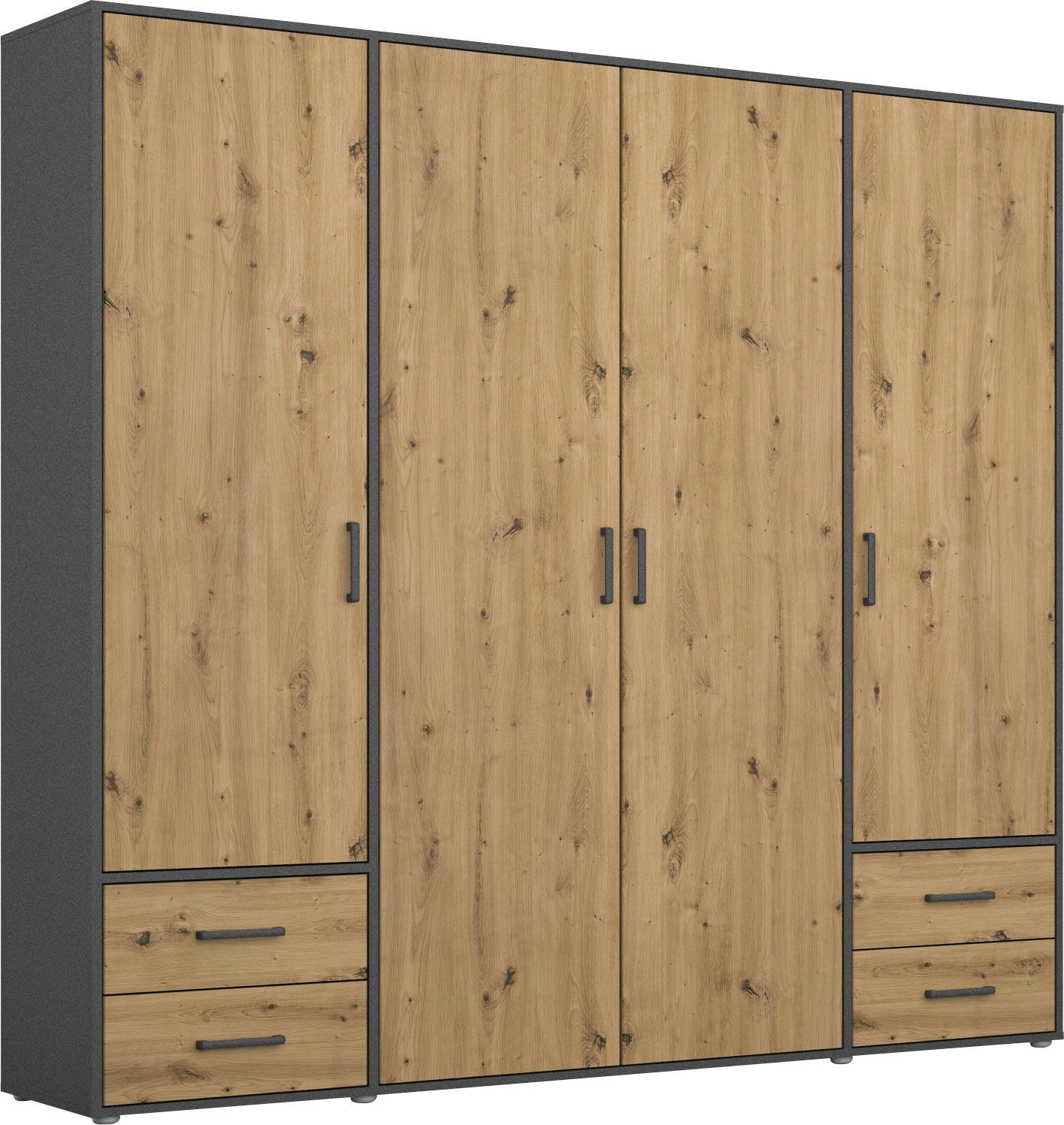 rauch Drehtürenschrank Kleiderschrank Schrank Garderobe Wäscheschrank VOYAGER (in 3 verschiedenen Ausstattungen BASIC/CLASSIC/PREMIUM) moderne Griffe in Graumetallic mit Außenschubkästen MADE IN GERMANY