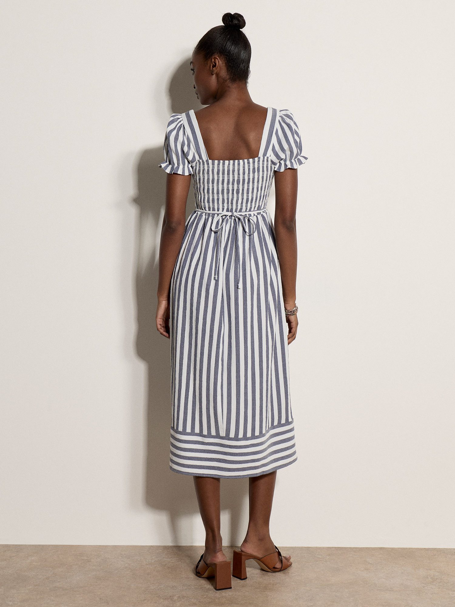 Apricot Midikleid Gestreiftes Midaxi-Kleid im Milchmädchen-Stil mit Raffung