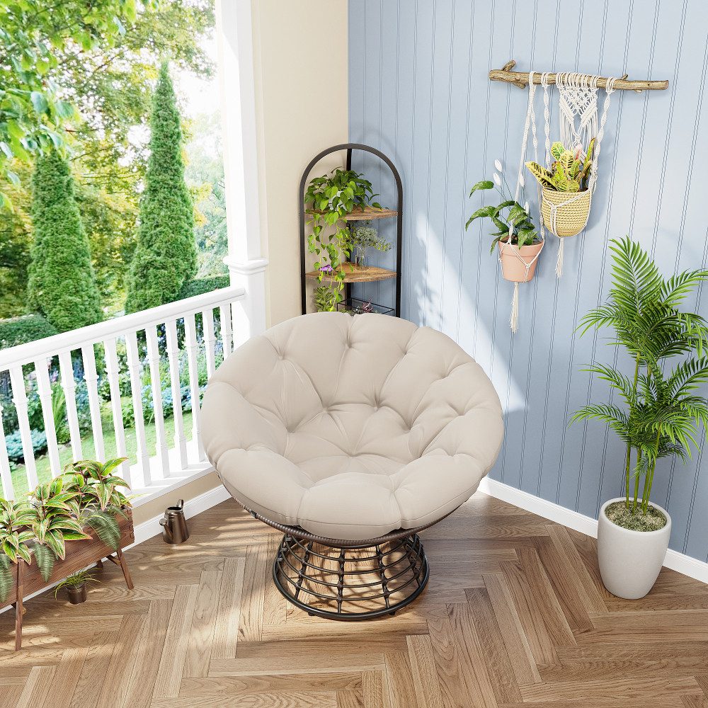 BBG Gartensessel Papasan Sessel mit 360° Drehfunktion, ergonomischer (Rattan Lounge Sessel mit extra dickem Kissen,Indoor Outdoor Drehsessel), bequemer Lesesessel für Wohnzimmer & Balkon