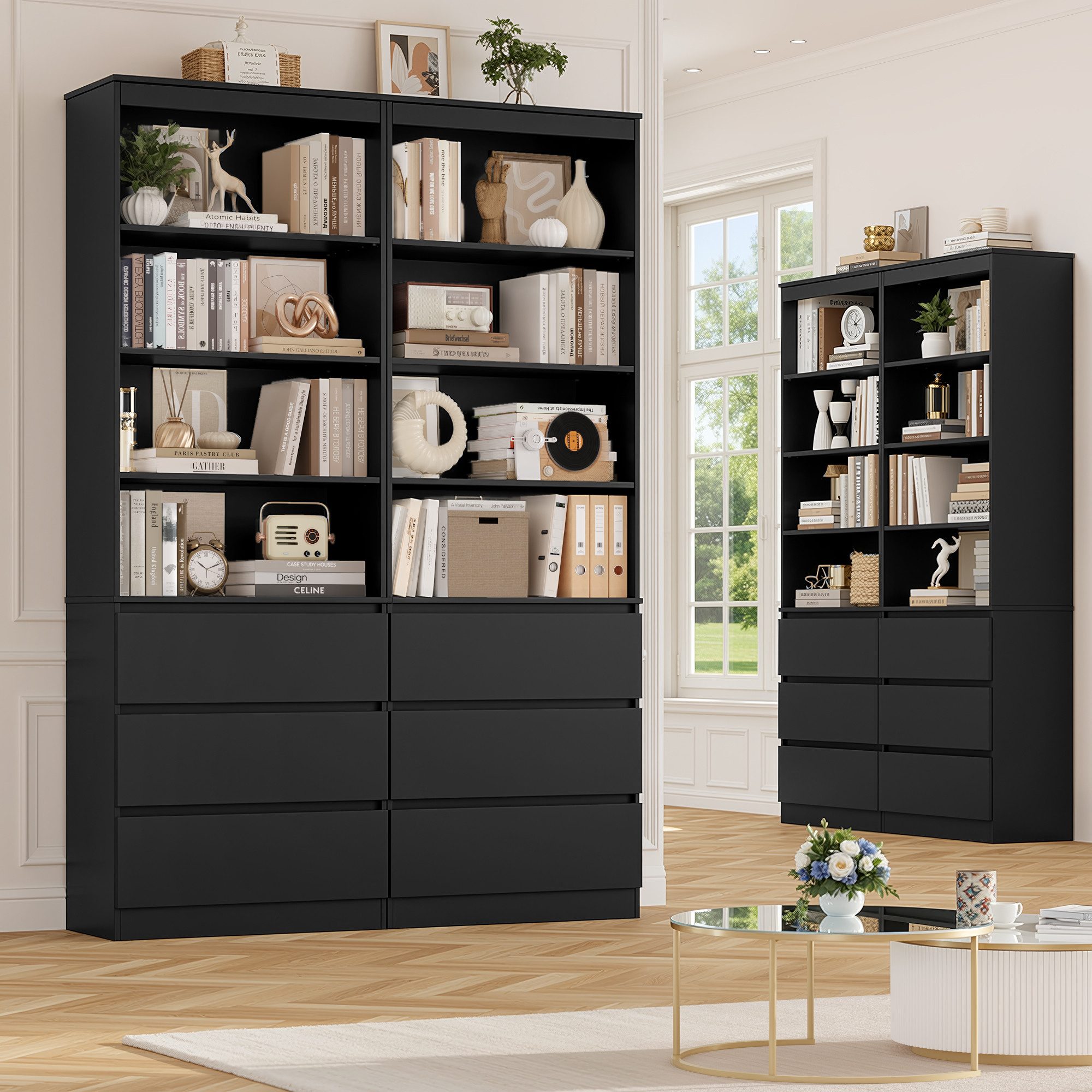 Homfa Bücherregal Hochschrank Standregal Bücherschrank Raumteiler, mit 4 Fächern und 3 Schubladen, 60x35x202cm