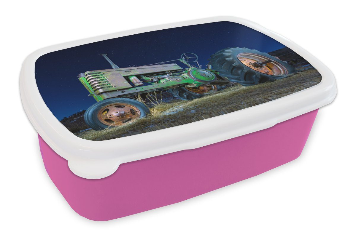 MuchoWow Lunchbox Traktor - Grün - Sternenhimmel - Bauernhof - Nacht, Kunststoff, (2-tlg), Brotbox für Erwachsene, Brotdose Kinder, Snackbox, Mädchen, Kunststoff rosa