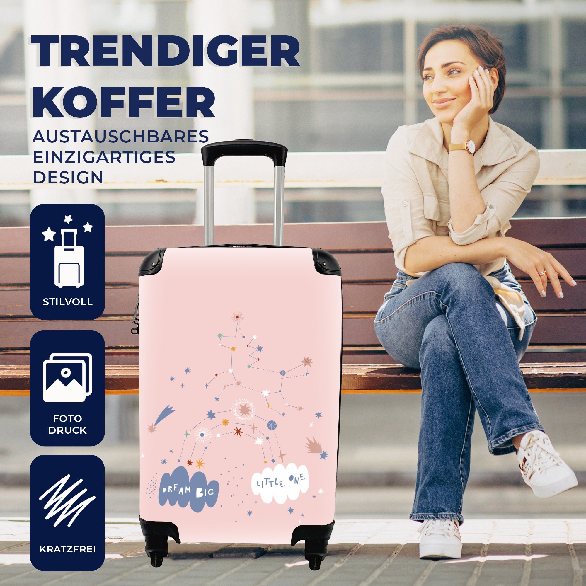 Handgepäck Reisetasche - Trolley, Handgepäckkoffer Kinderzimmer, - Einhorn MuchoWow für rollen, Reisekoffer Ferien, Rollen, Regenbogen 4 mit