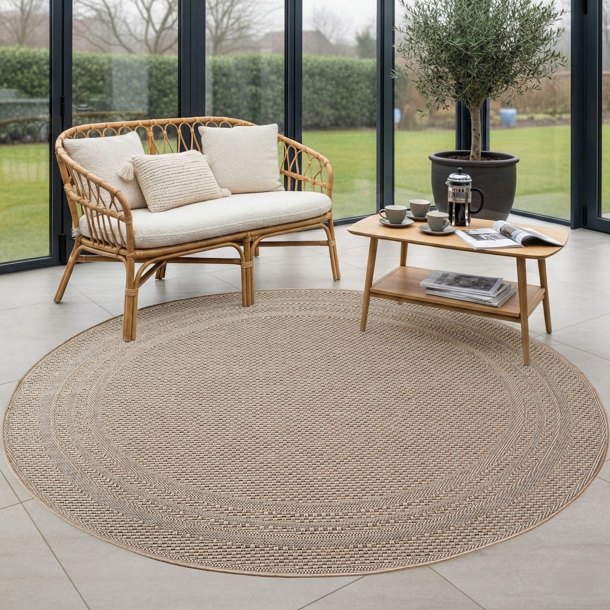 Carpettex Outdoorteppich Schlichter Flatweave Teppich mit Rahmen, Rund, Höhe: 5 mm, Outdoor Teppich Wetterfest Modern Design Wohnzimmer Küchen Terrasse