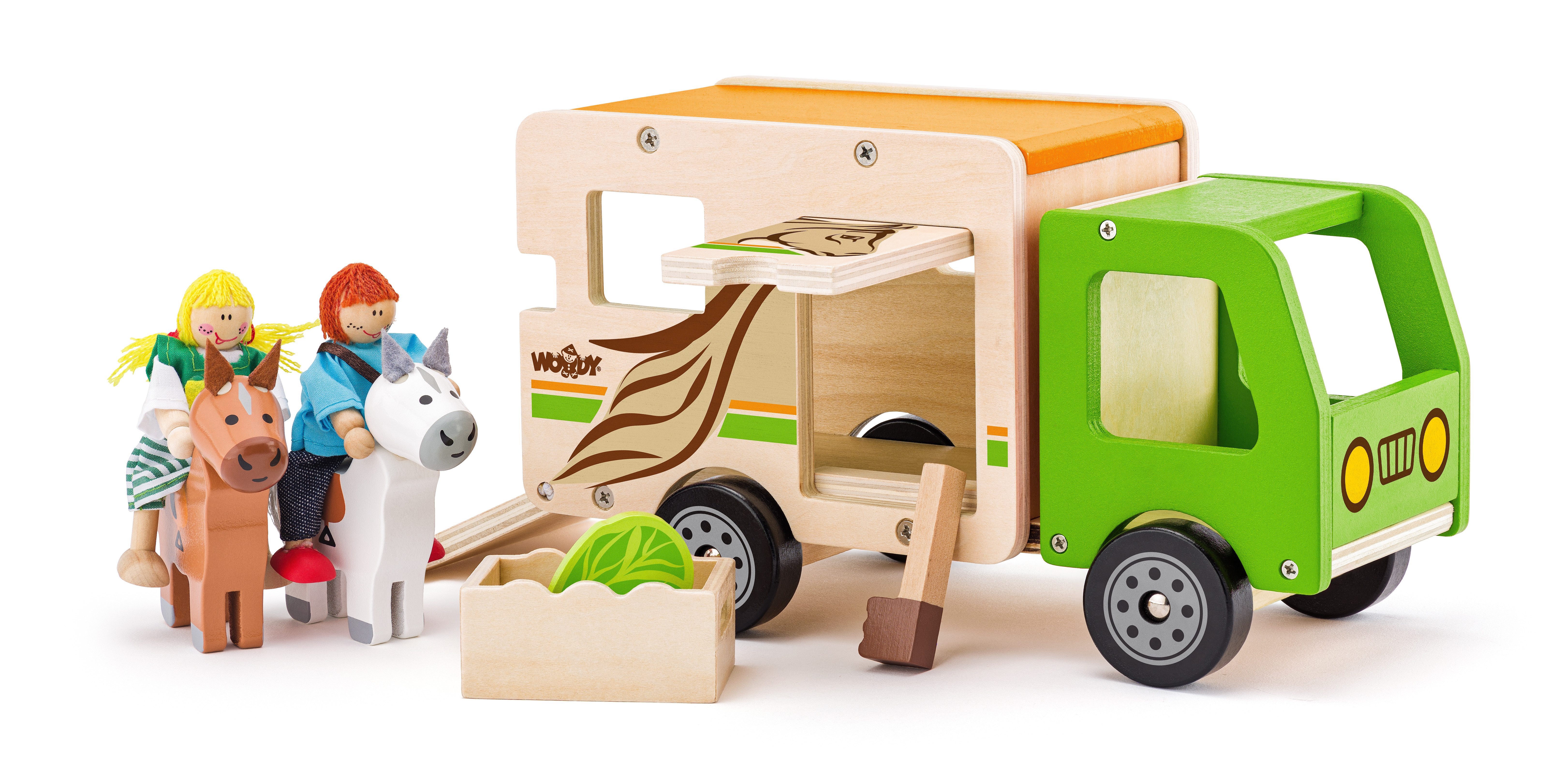 Woodyland Lernspielzeug Pferdetruck aus Holz mit Klappen zum öffnen und Zubehör, Pferdetransporter mit Zubehör