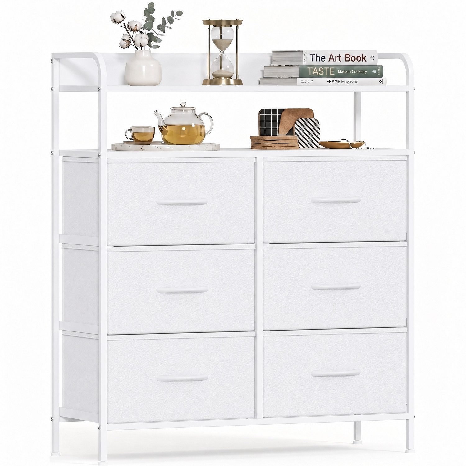 Refined Living Kommode Stoffkommode mit 6/7/8 Schubladen mit 2 offenen Ablagen Komodenschrank (Holzplatte und Metallrahmen, wasserdicht, Platzieren Dekorationen, Große Kapazität Aufbewahrungsmöbel, Sideboards, Schubkastenkommode), für Wohnzimmer, Kinderzi