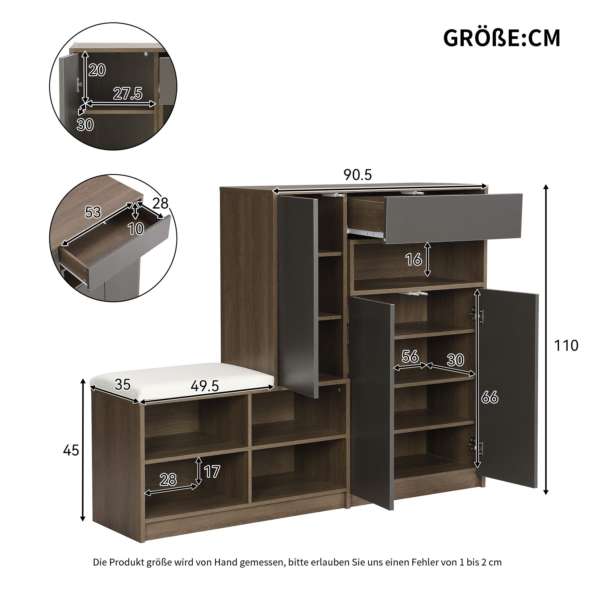 Merax Schuhschrank mit 3 Tür, Schubladen, Offene Fächer (1-St., Schuhkipper, Schuhkommode, Schuhablage) für 15–20 Paar Schuhe