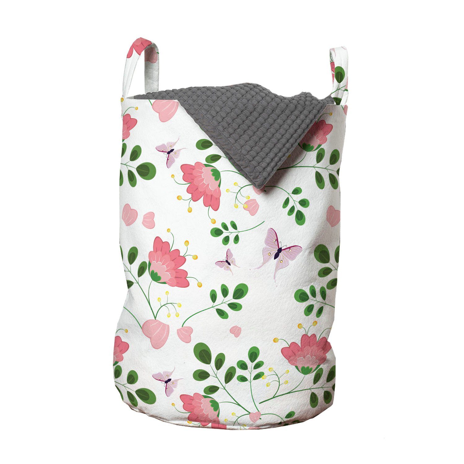 Abakuhaus Wäschesäckchen Wäschekorb mit Griffen Kordelzugverschluss für Waschsalons, Frühling Blumen Schmetterlinge