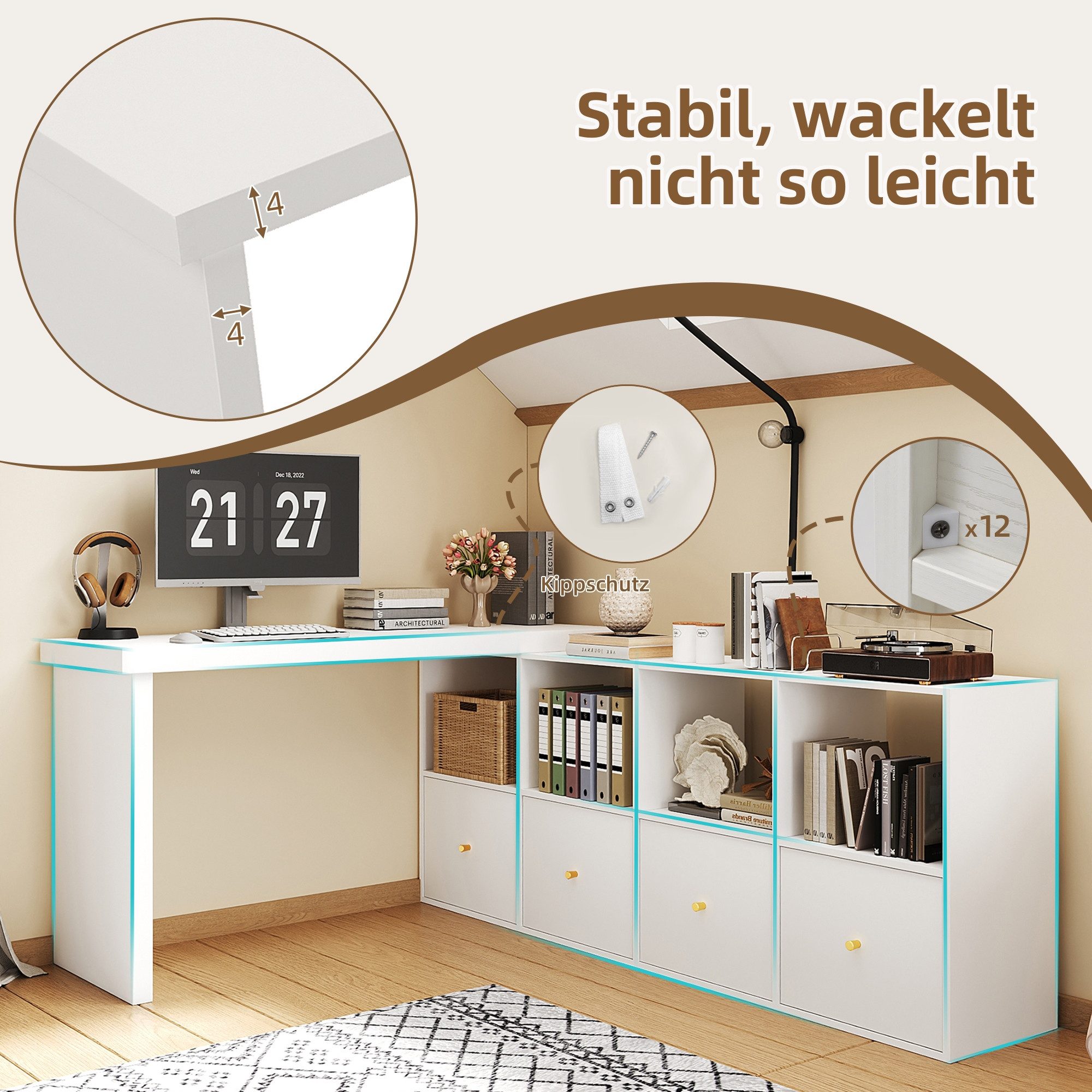 BlingBin Eckschreibtisch L-förmiger Ecktisch mit 360° schwenkbarer Tischplatte aus MDF (1er Set, 1-St., Schreibtisch 120 × 48 × 78 cm, Sideboard 140 × 35 × 74 cm), gerade aufstellbar, 4 Fächer und 4 Schubladen als Computerschreibtisch
