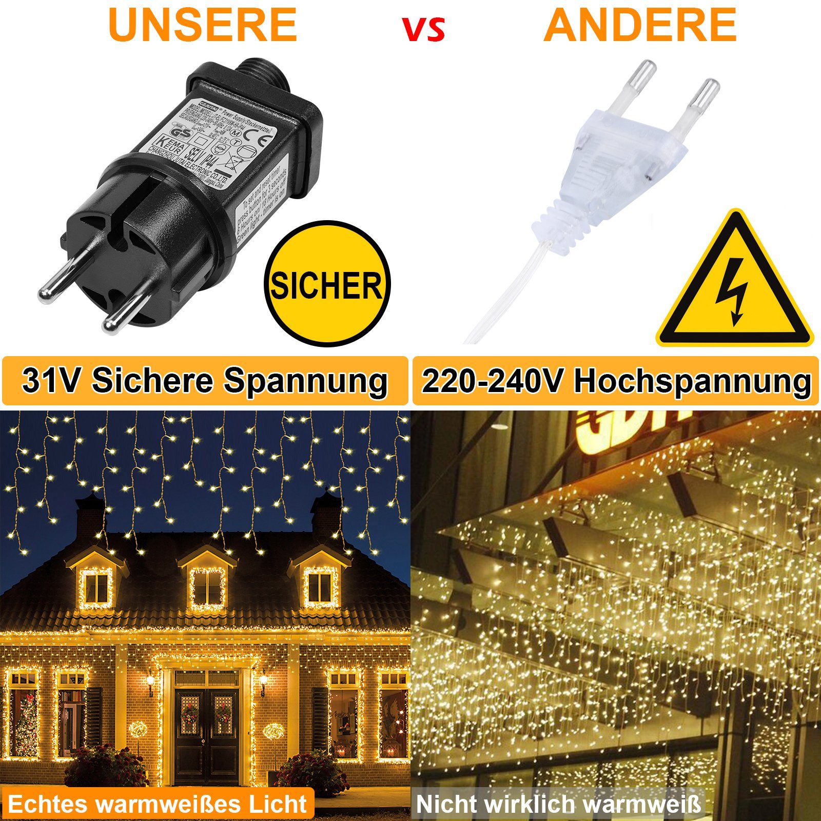 Rosnek LED-Lichtervorhang 5-15M, Eiszapfen, wasserdicht, Weihnachten Timer Speicherfunktion, Deko, 8 für Modi, Dach