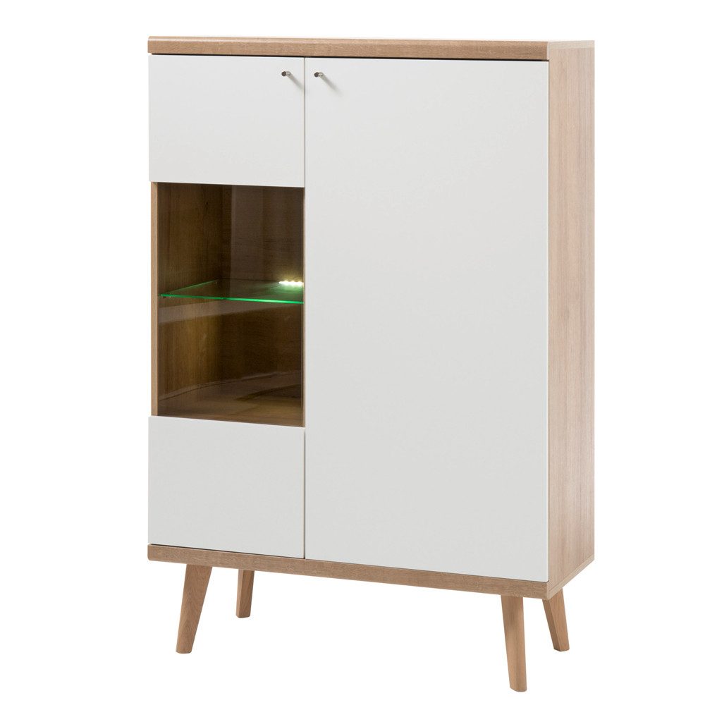 Lomadox Highboard MAINZ-61, weiß matt mit Eiche Riviera Nb. 90x134x40cm