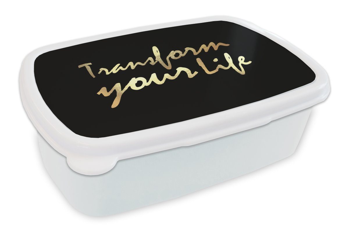 MuchoWow Lunchbox Zitat - Leben - Gold - Schwarz, Kunststoff, (2-tlg), Brotbox für Kinder und Erwachsene, Brotdose, für Jungs und Mädchen weiß | Lunchboxen