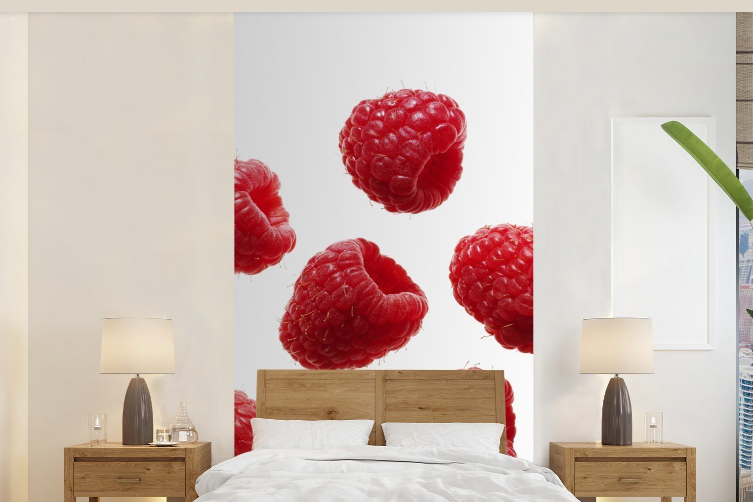 Schlafzimmer Obst Fototapete Vliestapete St), - Küche, Weiß, (2 - MuchoWow für Matt, Fototapete bedruckt, Himbeere Wohnzimmer