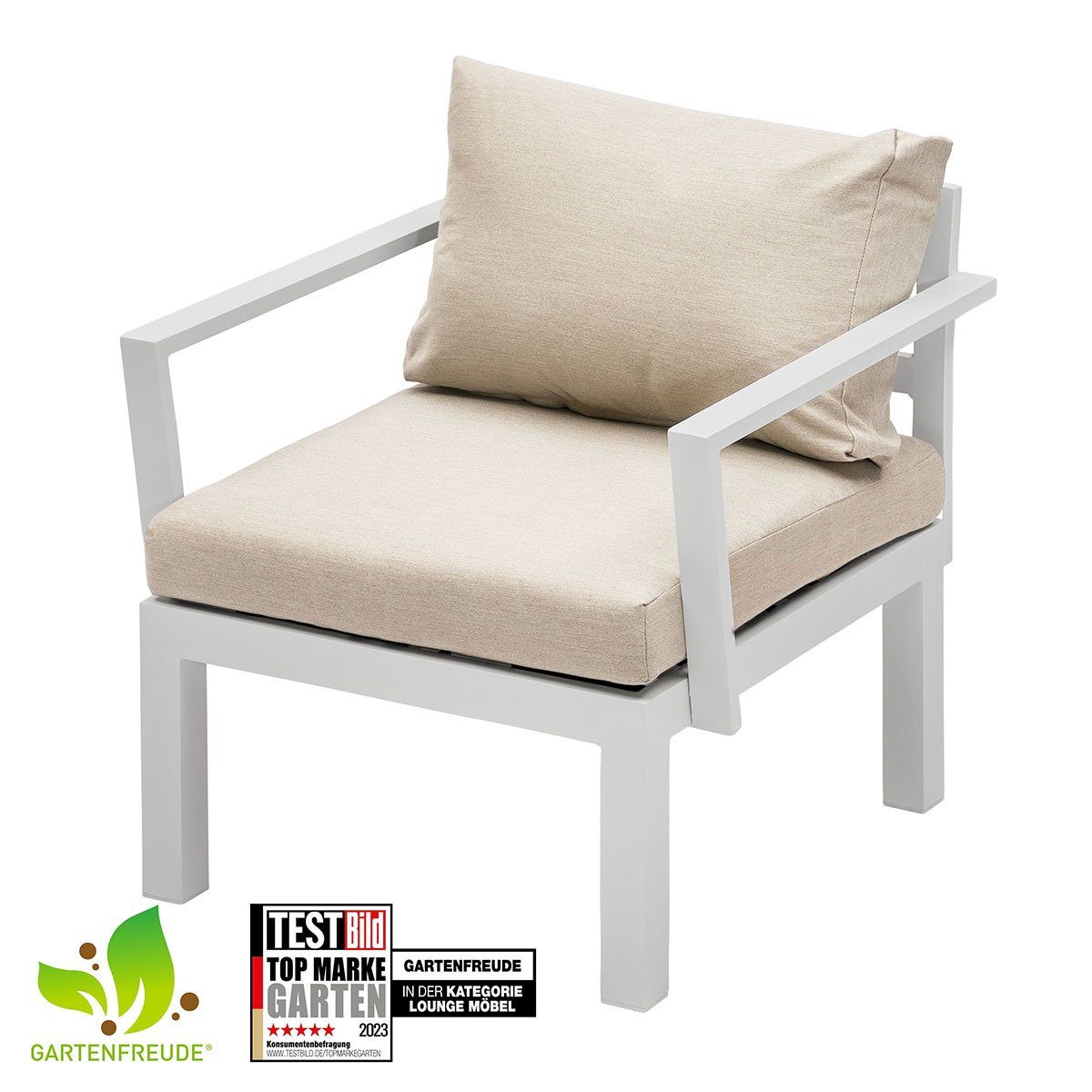 wasserabweisenden Aluminium Lichtgrau/Weiß Kissen Ambience mit Gartenfreude (1-St), Gartentisch Stoff Sessel